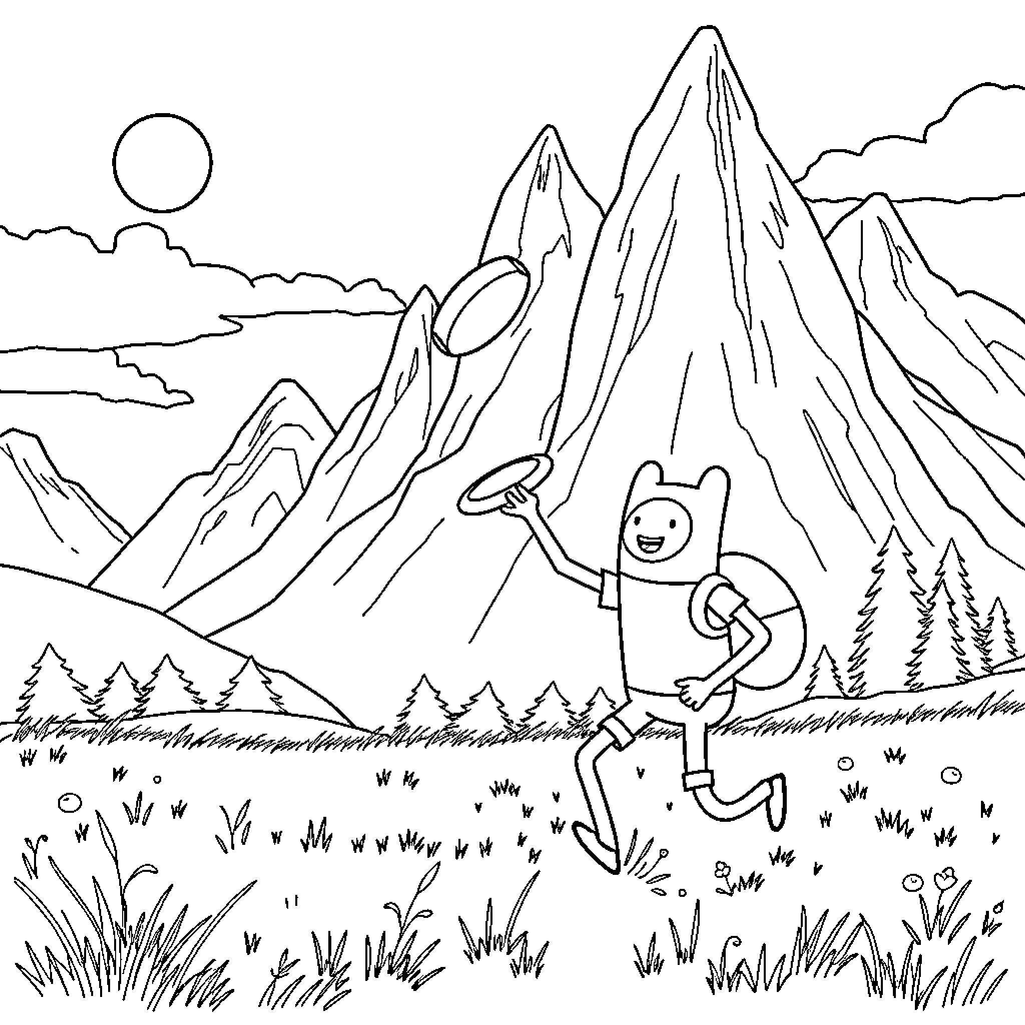 Jake's Adventurous Hike in the Mountains Coloring Page (free black-and-white line drawing printable PDF for all, from beginners to advanced learners, including children, teens, adults, and seniors)