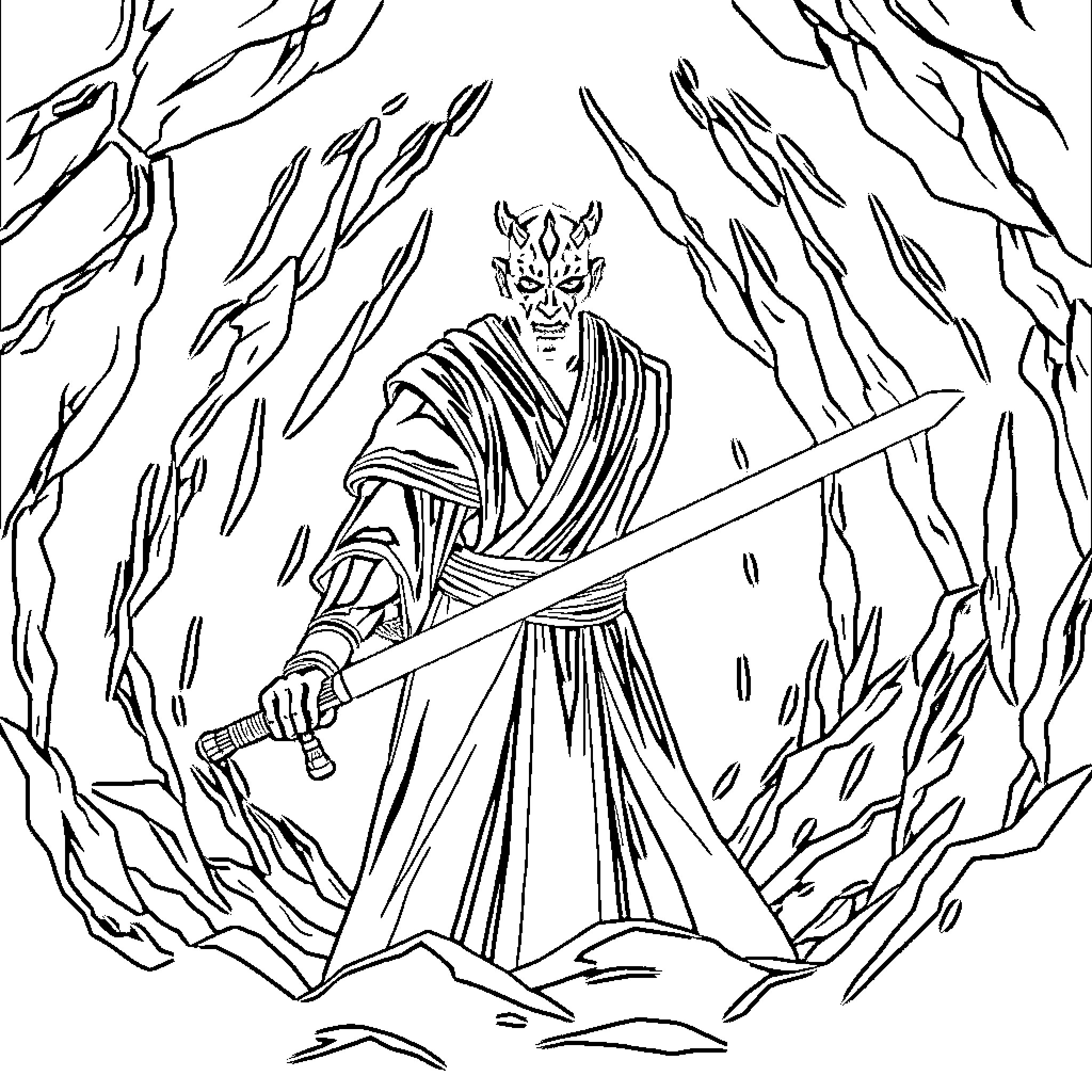 Darth Maul's Powerful Stance Amid Swirling Surroundings Coloring Page (free black-and-white line drawing printable PDF for all, from beginners to advanced learners, including children, teens, adults, and seniors)
