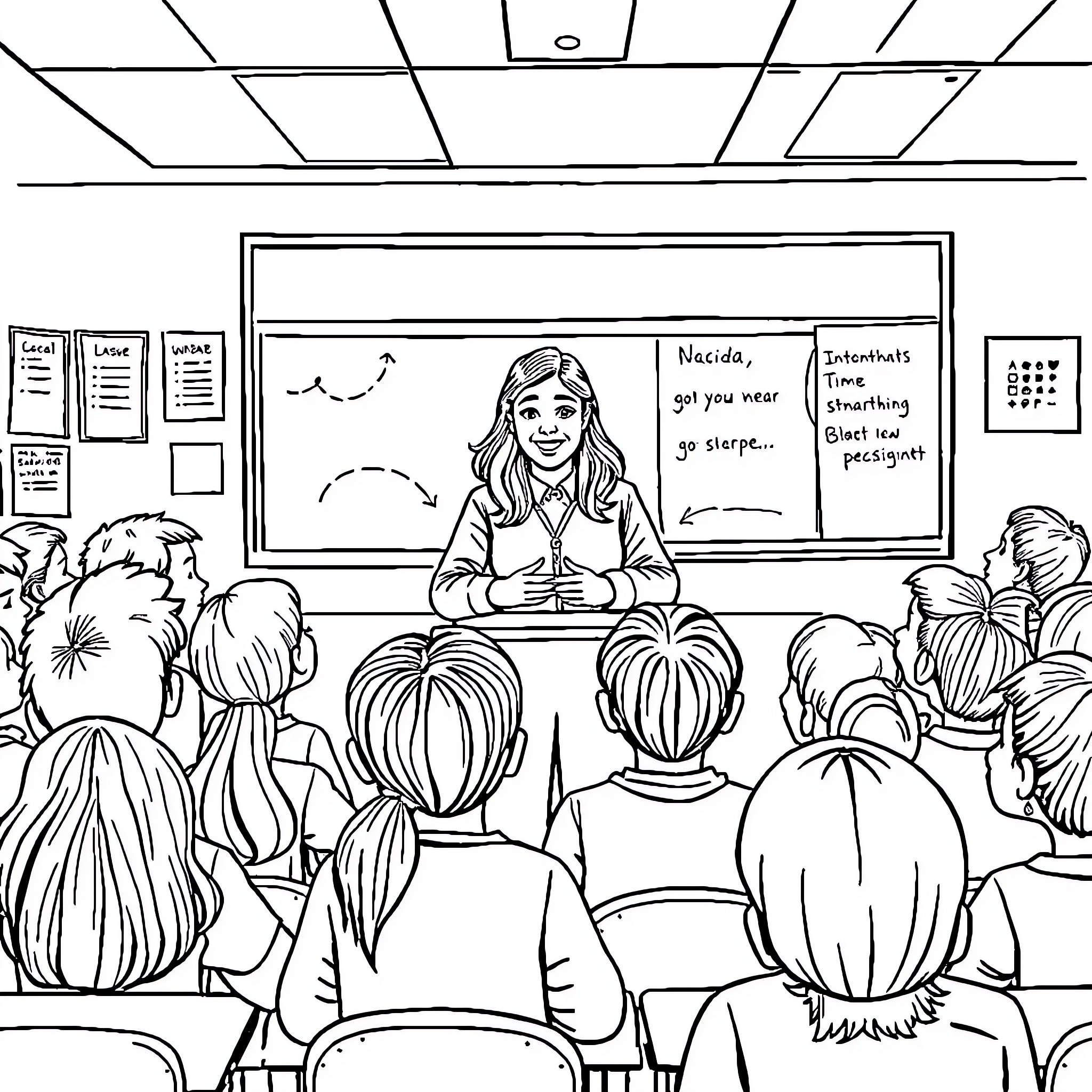 Teacher guiding students in classroom discussion Coloring Page (free black-and-white line drawing printable PDF for all, from beginners to advanced learners, including children, teens, adults, and seniors)