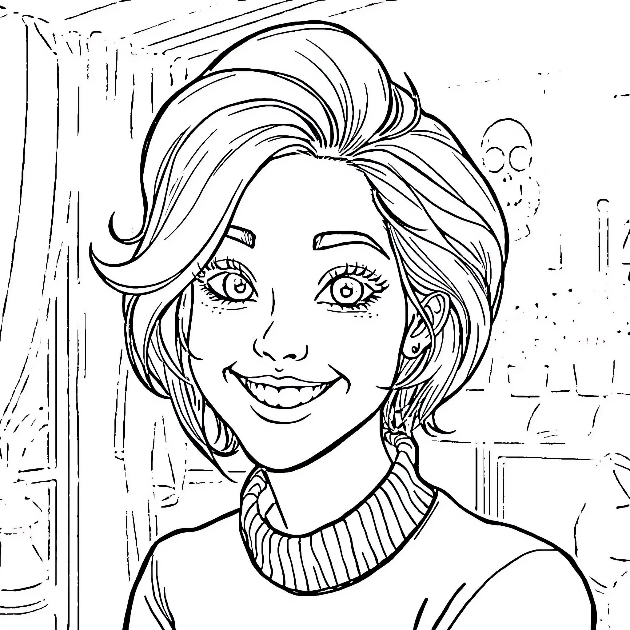 Violet Myers smiling brightly in a casual setting Coloring Page (free black-and-white line drawing printable PDF for all, from beginners to advanced learners, including children, teens, adults, and seniors)