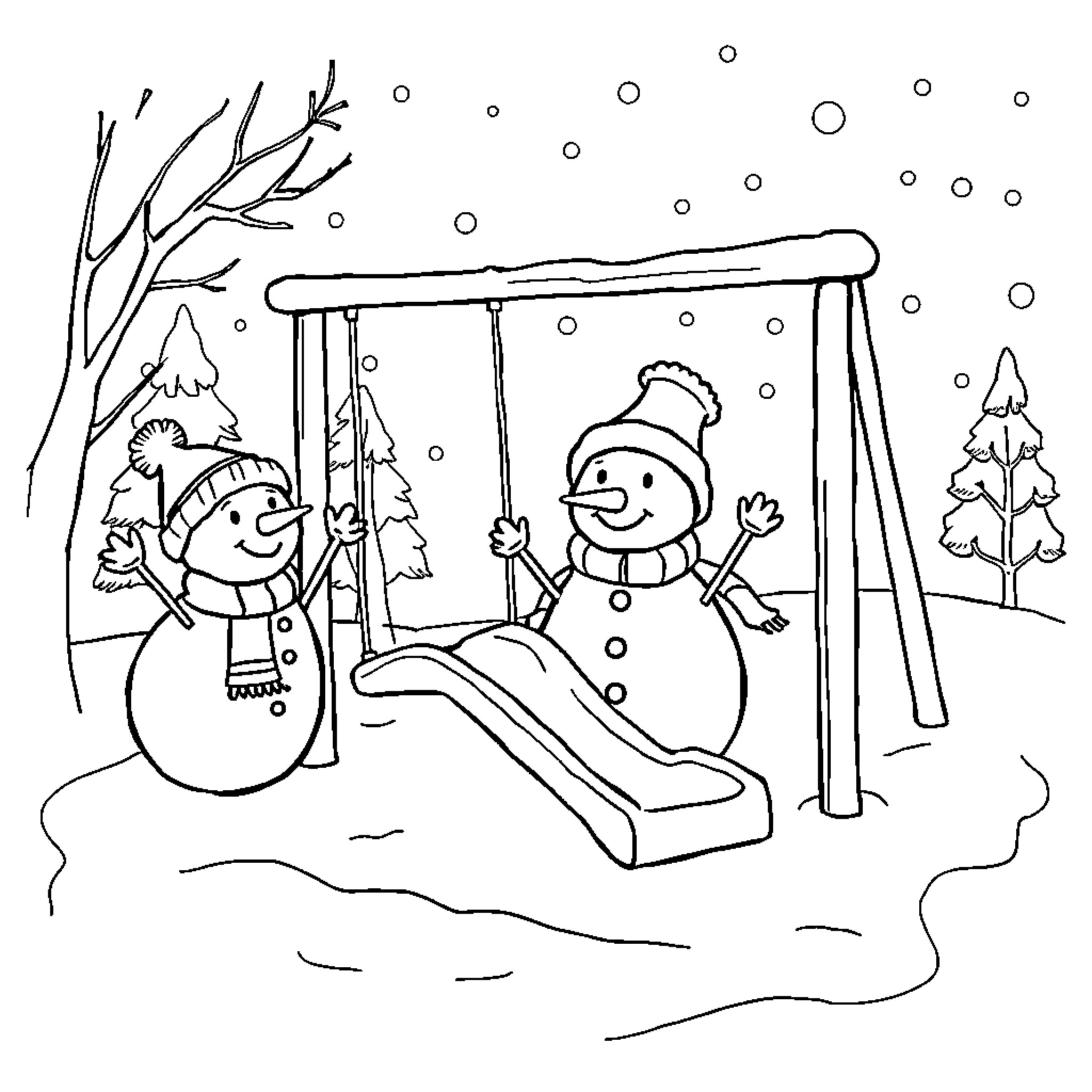 Snowman enjoying winter play on swing Coloring Page (free black-and-white line drawing printable PDF for all, from beginners to advanced learners, including children, teens, adults, and seniors)