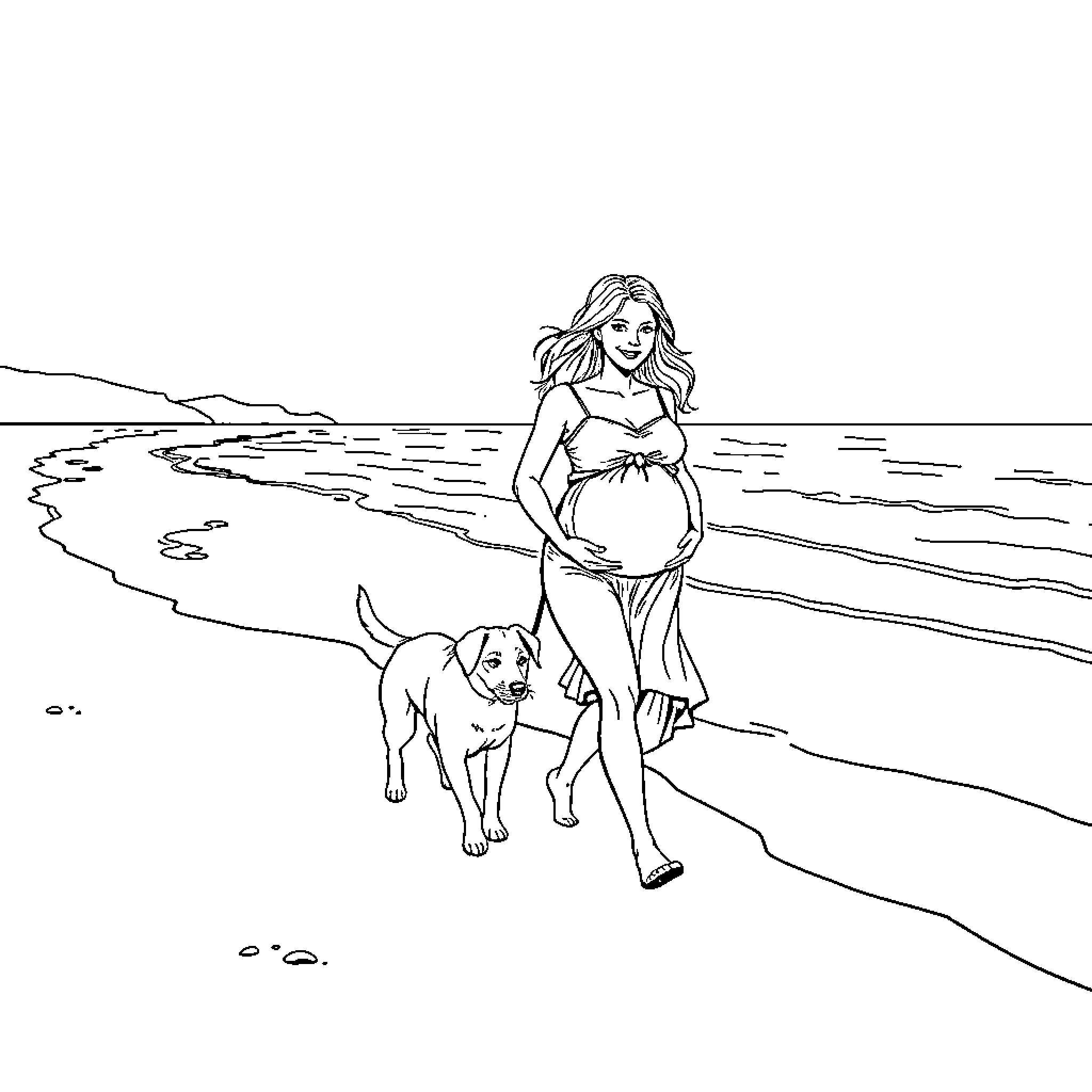 Woman enjoying a beach day with her canine companion Coloring Page (free black-and-white line drawing printable PDF for all, from beginners to advanced learners, including children, teens, adults, and seniors)