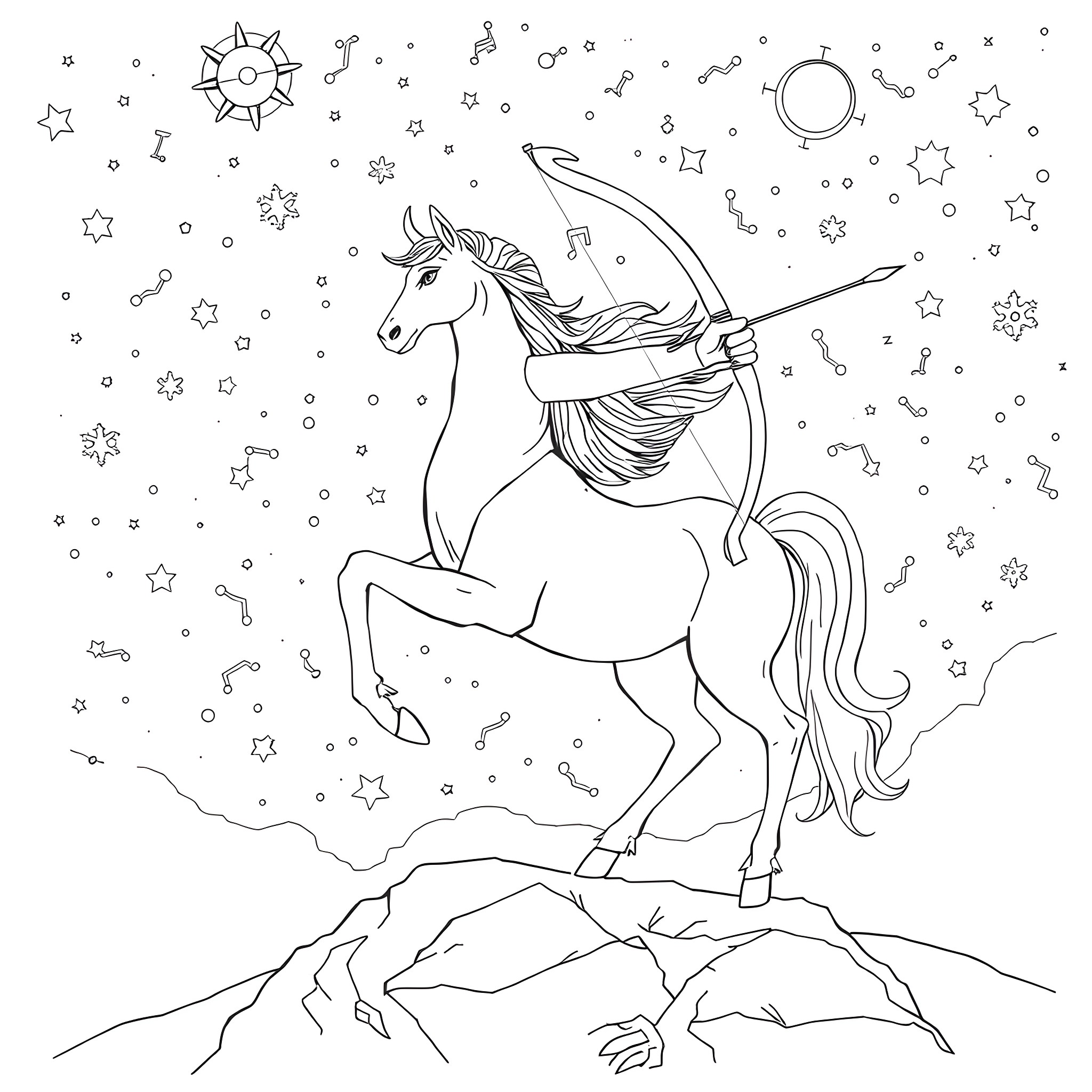 Sagittarius, the Archer, rides across the starry sky Coloring Page (free black-and-white line drawing printable PDF for all, from beginners to advanced learners, including children, teens, adults, and seniors)