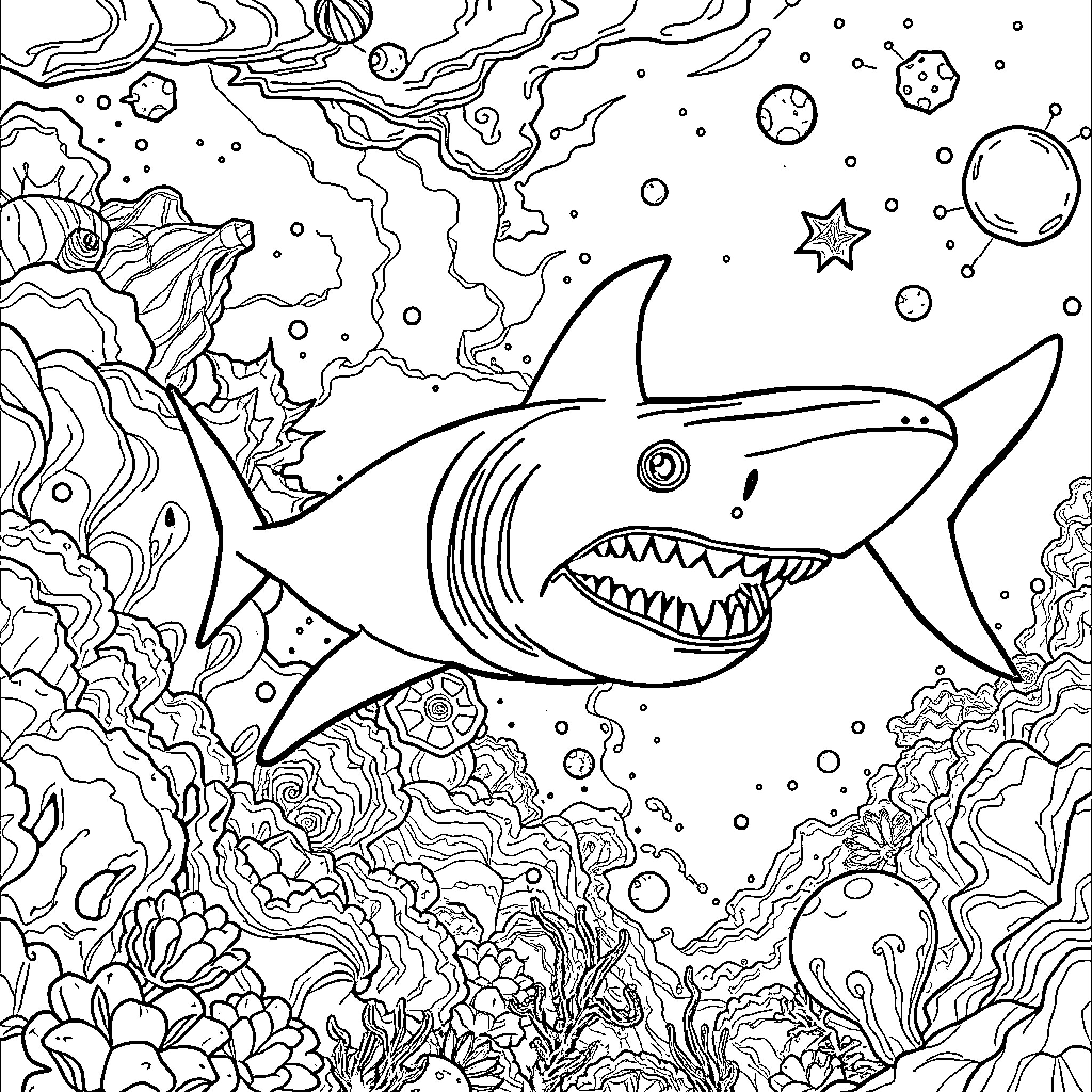 Alien Shark exploring the cosmic ocean Coloring Page (free black-and-white line drawing printable PDF for all, from beginners to advanced learners, including children, teens, adults, and seniors)