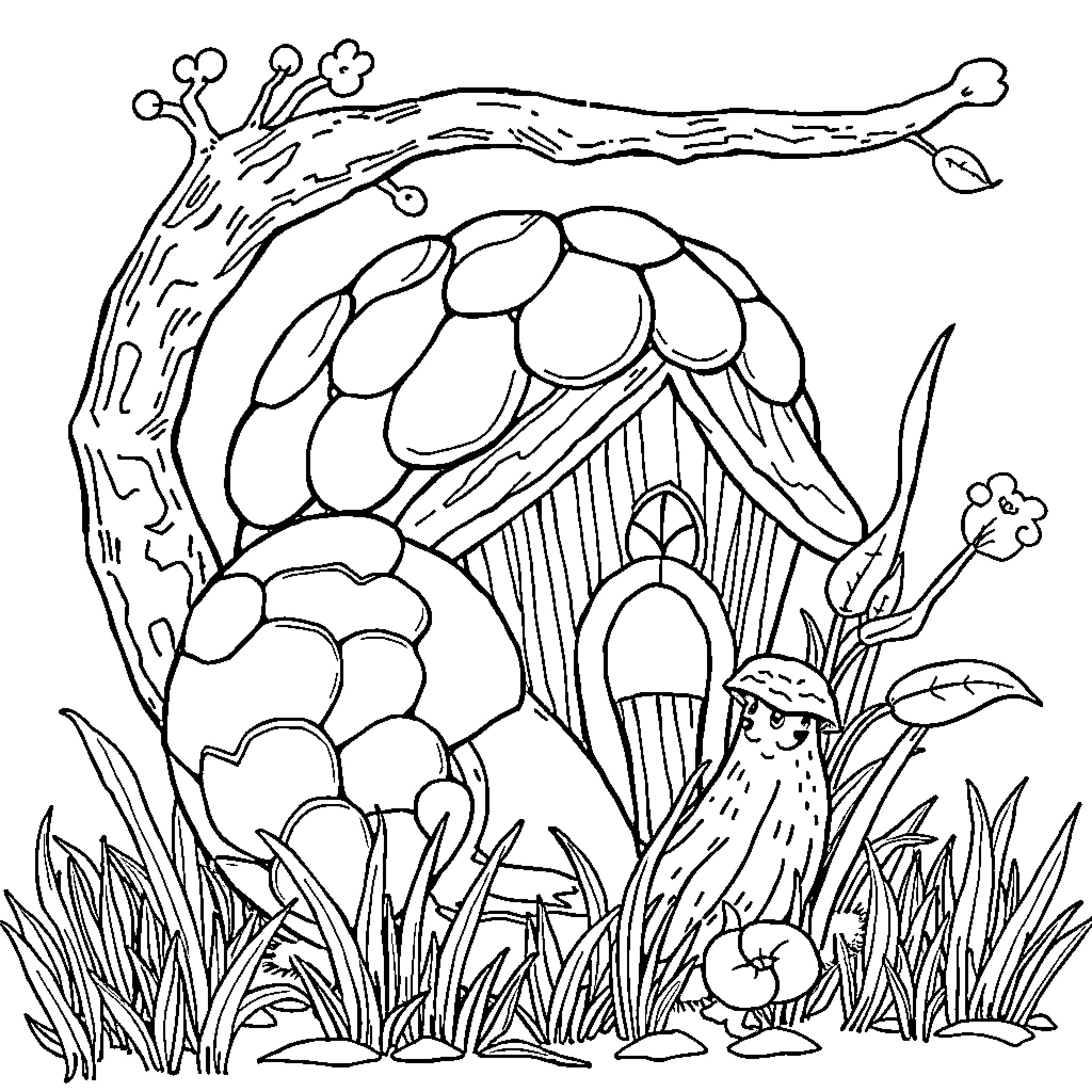 Nomo magical mushroom house in fantasy garden Coloring Page (free black-and-white line drawing printable PDF for all, from beginners to advanced learners, including children, teens, adults, and seniors)