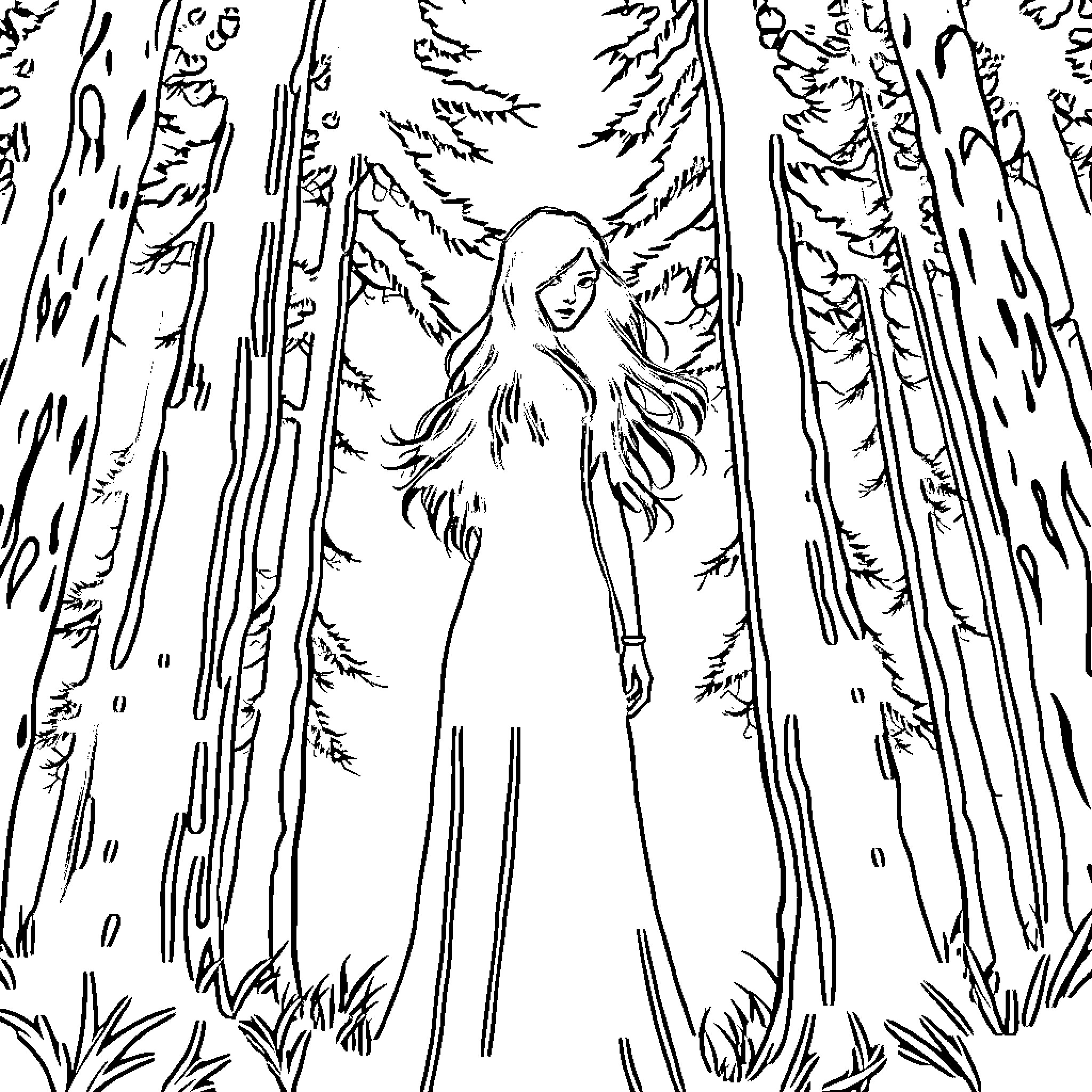 Woman in a mysterious forest Coloring Page (free black-and-white line drawing printable PDF for all, from beginners to advanced learners, including children, teens, adults, and seniors)