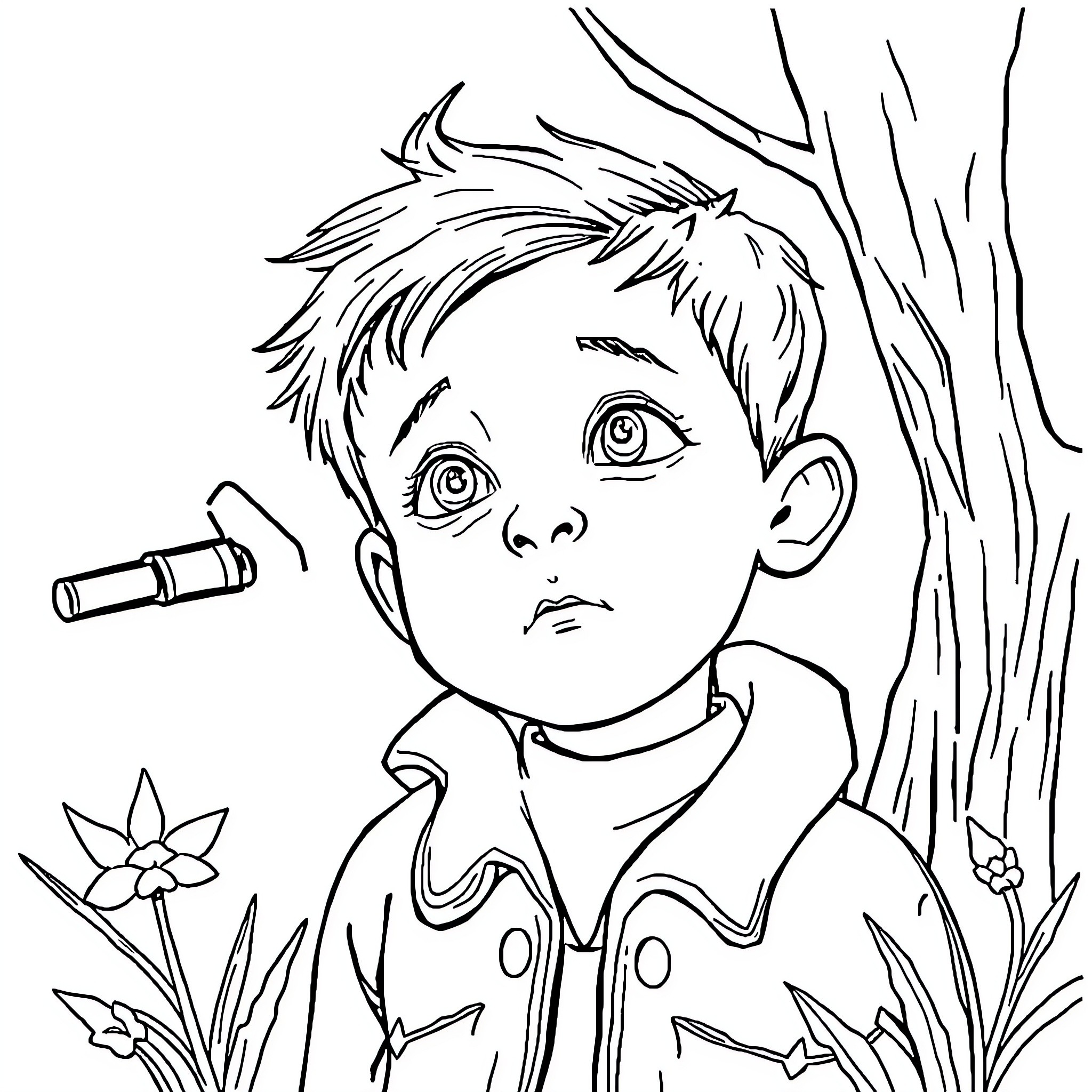 Boy with curiosity exploring nature Coloring Page (free black-and-white line drawing printable PDF for all, from beginners to advanced learners, including children, teens, adults, and seniors)