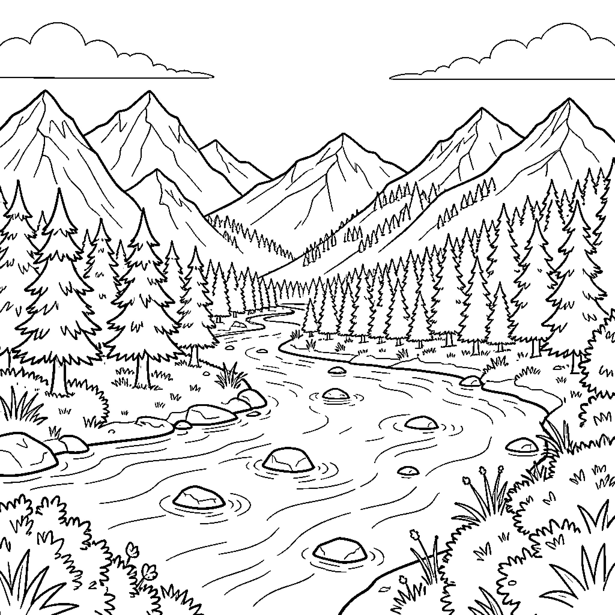 Landscape of snowy mountain peaks and pine forests Coloring Page (free black-and-white line drawing printable PDF for all, from beginners to advanced learners, including children, teens, adults, and seniors)