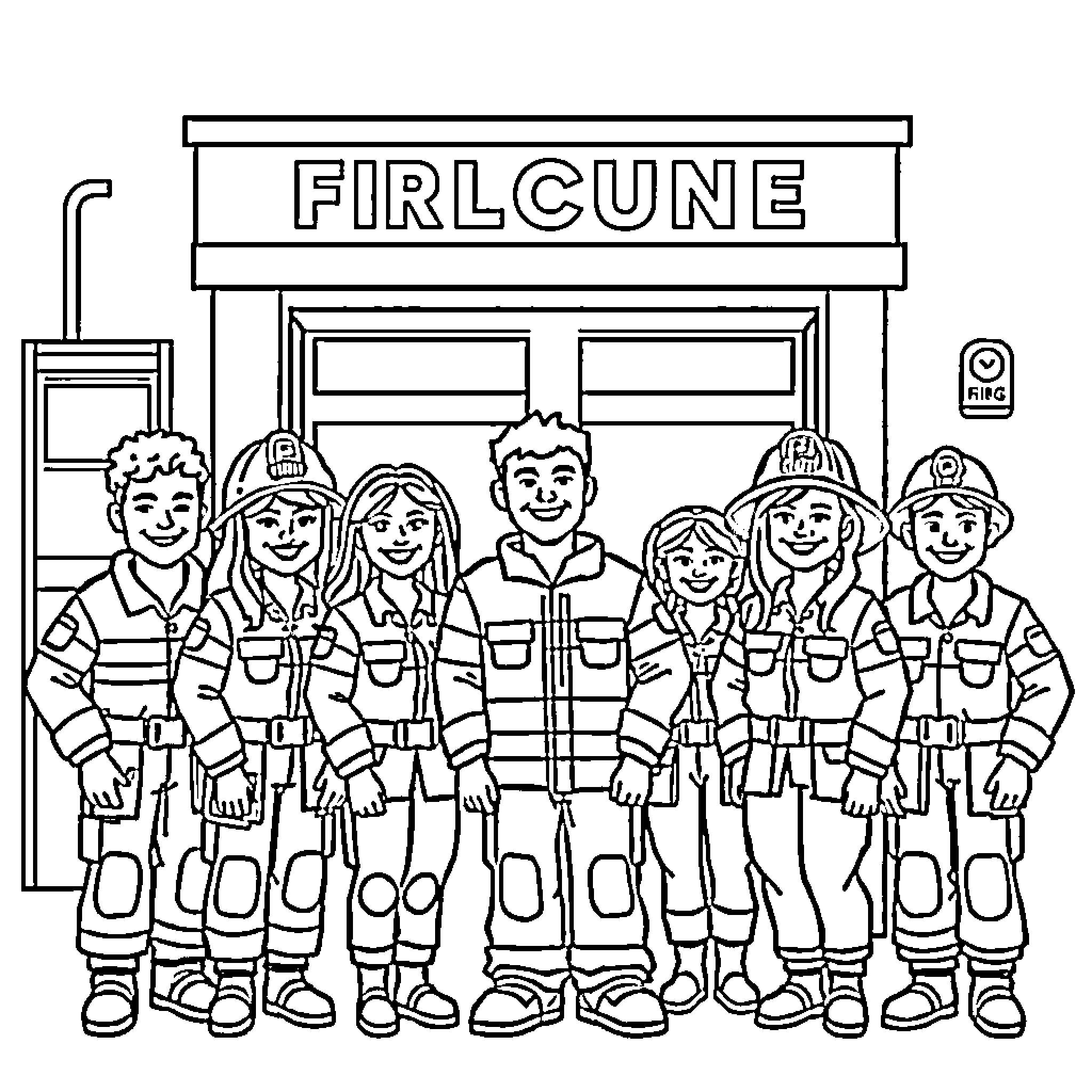 Firefighter team standing in front of the fire station Coloring Page (free black-and-white line drawing printable PDF for all, from beginners to advanced learners, including children, teens, adults, and seniors)