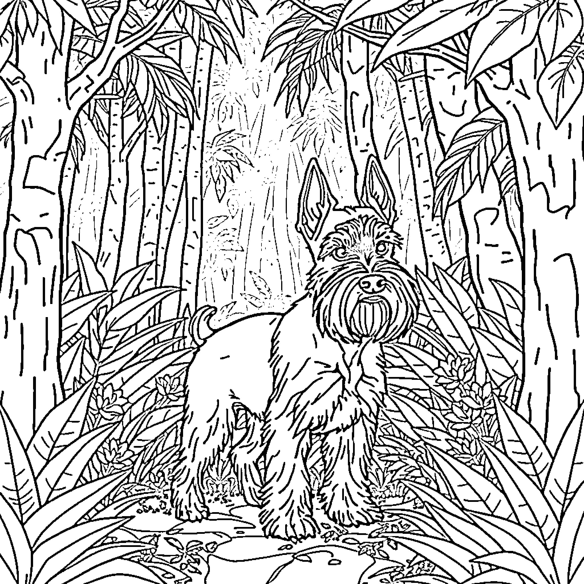 Schnauzer Exploring the Lush Jungle Coloring Page (free black-and-white line drawing printable PDF for all, from beginners to advanced learners, including children, teens, adults, and seniors)