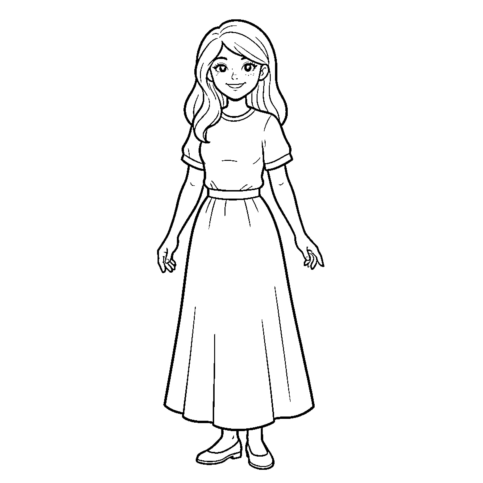 Lady standing smiling in a long skirt and t-shirt Coloring Page (free black-and-white line drawing printable PDF for all, from beginners to advanced learners, including children, teens, adults, and seniors)