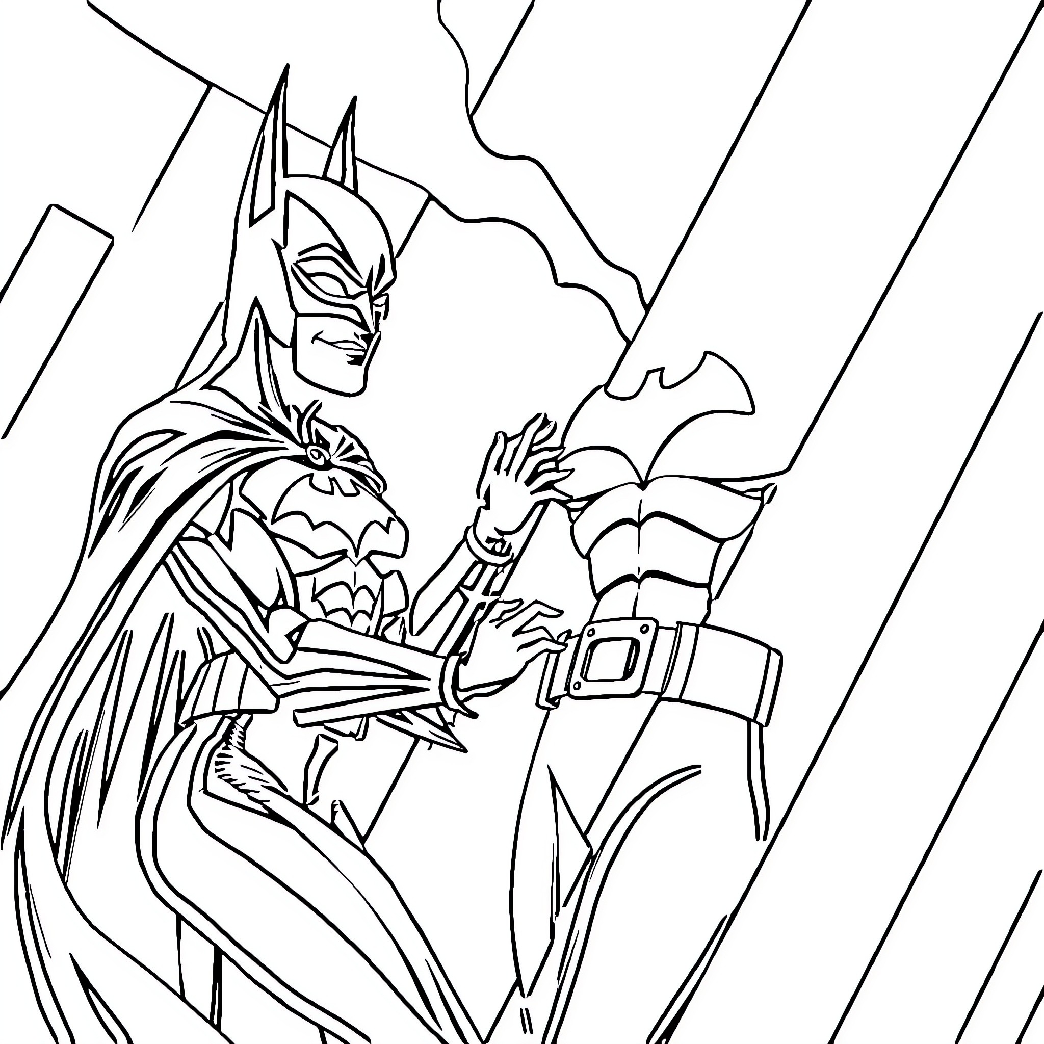 Batman's Dynamic Heroic Stance Coloring Page (free black-and-white line drawing printable PDF for all, from beginners to advanced learners, including children, teens, adults, and seniors)