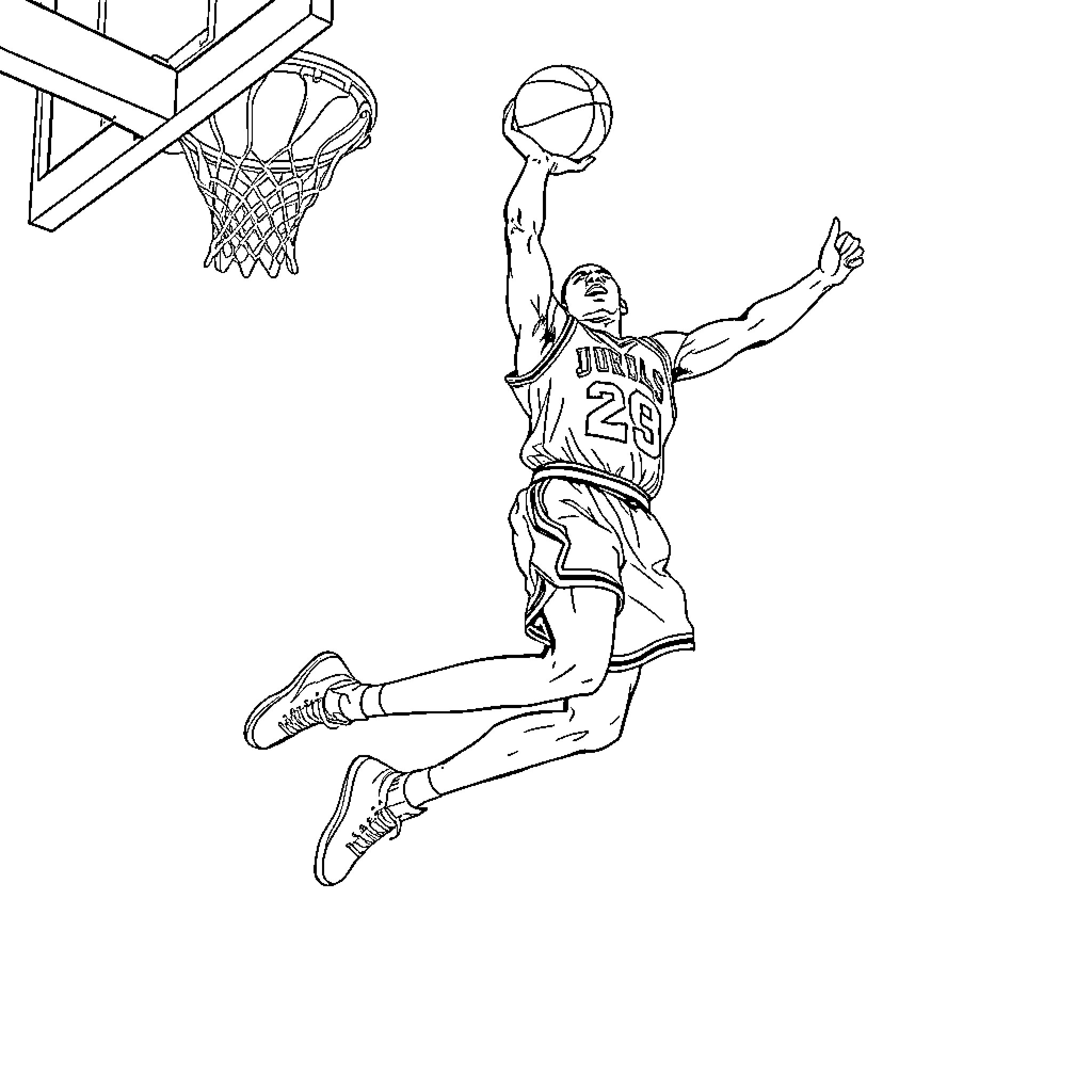Michael Jordan's signature basketball dunk Coloring Page (free black-and-white line drawing printable PDF for all, from beginners to advanced learners, including children, teens, adults, and seniors)