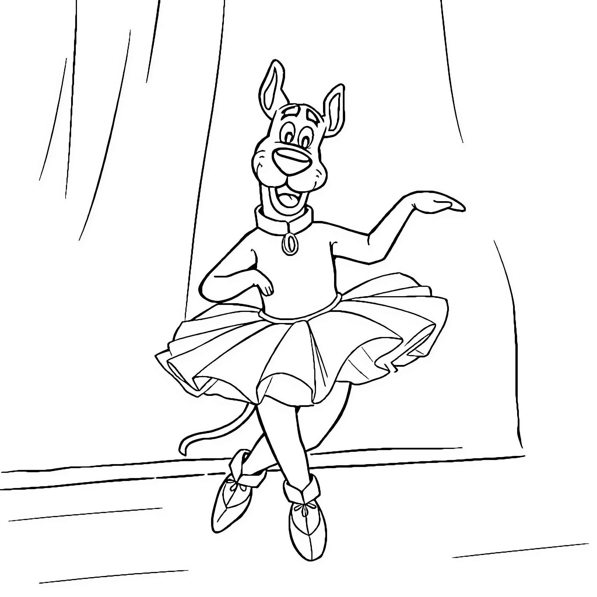 Scooby Doo happily dancing on stage Coloring Page (free black-and-white line drawing printable PDF for all, from beginners to advanced learners, including children, teens, adults, and seniors)