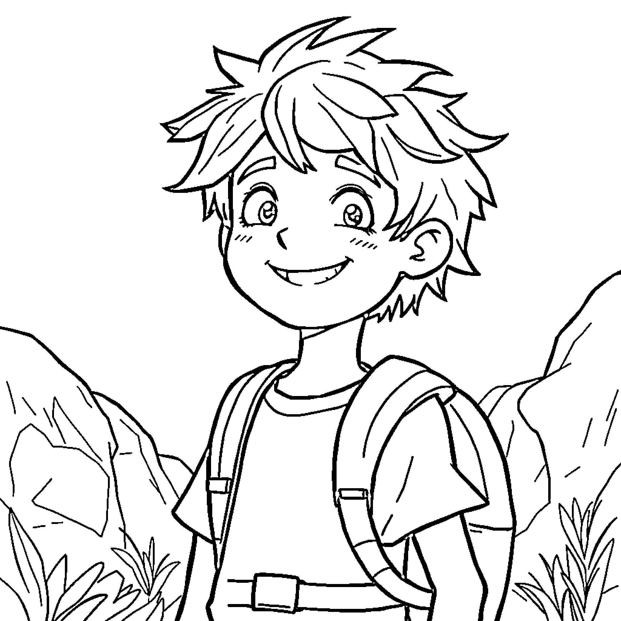 Finn's Adventurous Hike Through the Woods Coloring Page (free black-and-white line drawing printable PDF for all, from beginners to advanced learners, including children, teens, adults, and seniors)