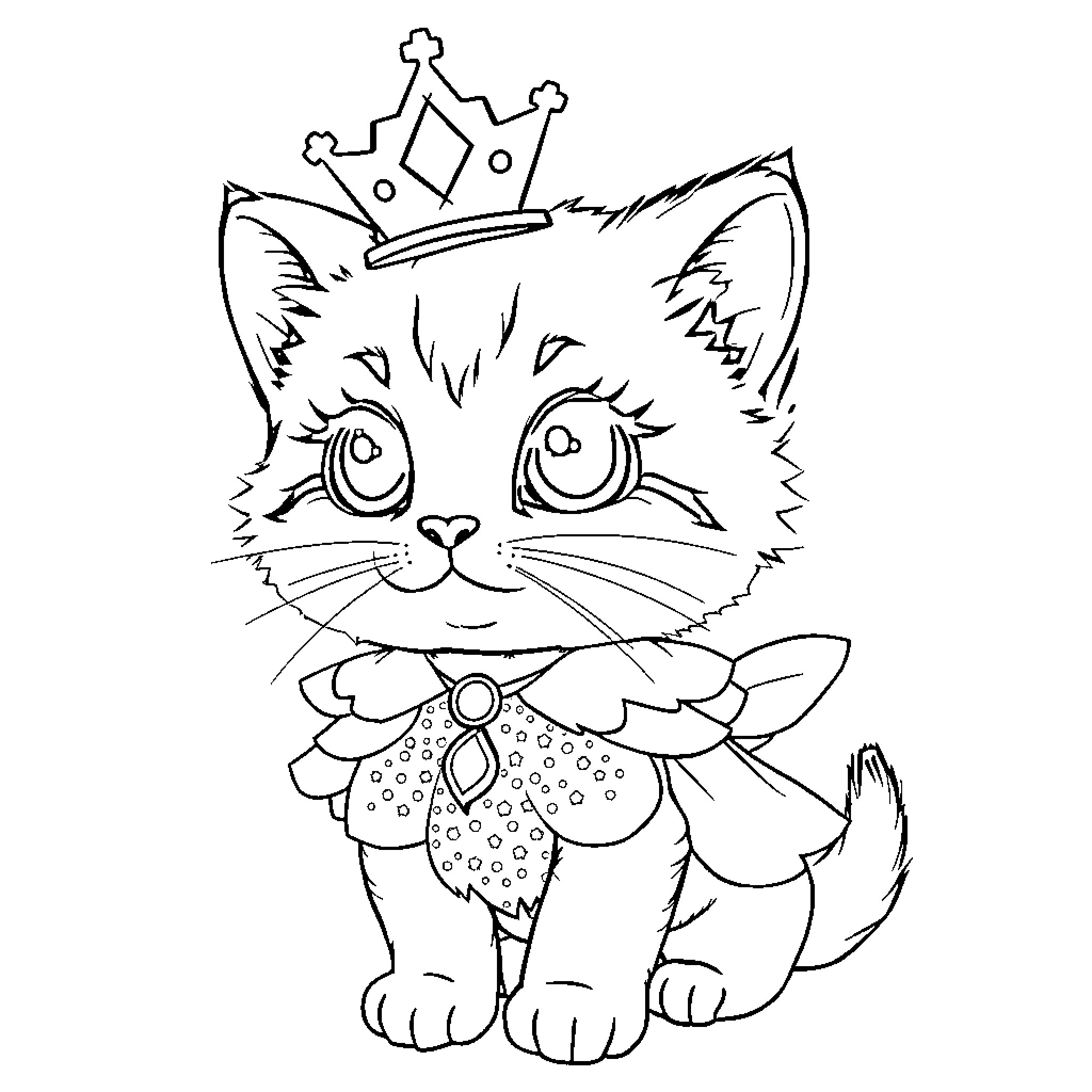 Princess Kitty Wearing a Regal Crown Coloring Page (free black-and-white line drawing printable PDF for all, from beginners to advanced learners, including children, teens, adults, and seniors)
