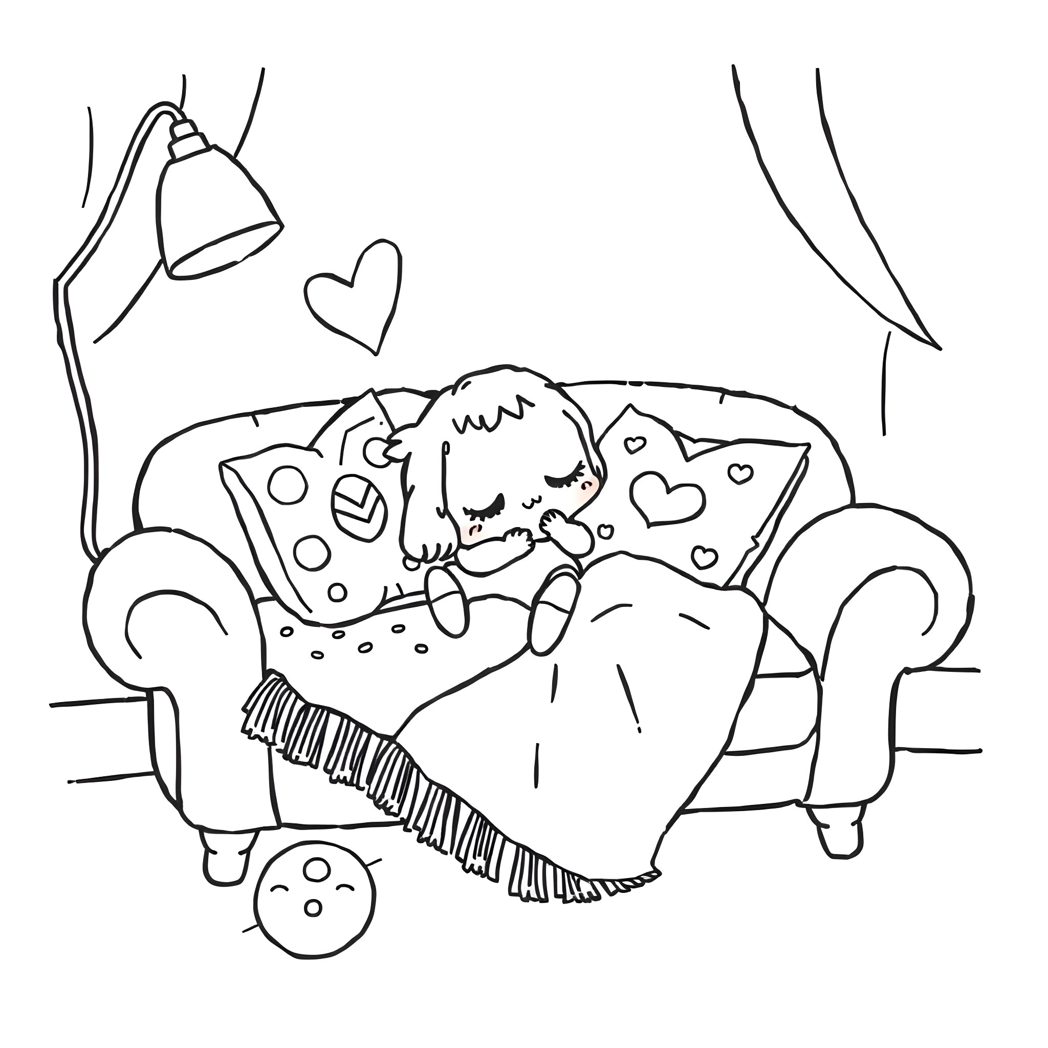 Kawaii sleepy puppy resting on couch Coloring Page (free black-and-white line drawing printable PDF for all, from beginners to advanced learners, including children, teens, adults, and seniors)