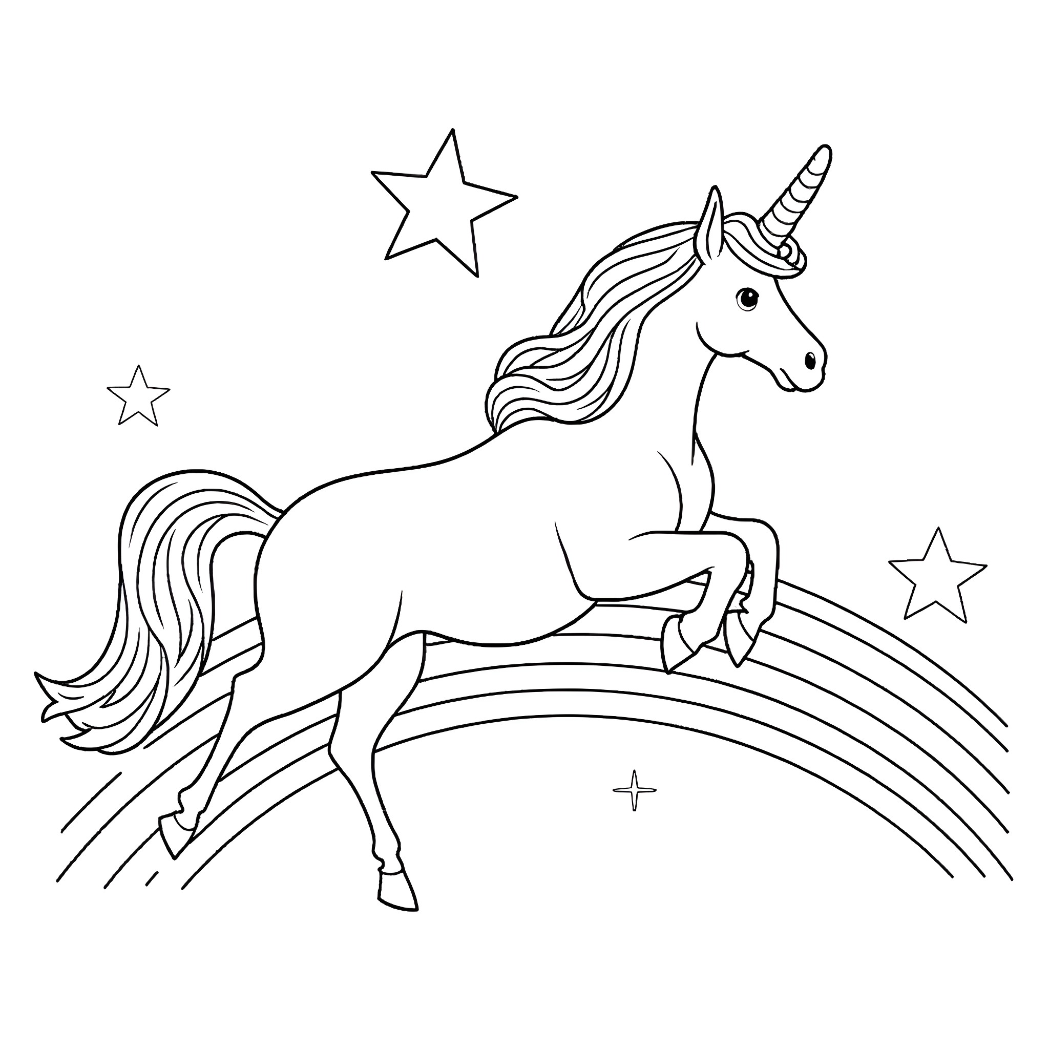 Unicorn leaping over a rainbow with stars Coloring Page (free black-and-white line drawing printable PDF for all, from beginners to advanced learners, including children, teens, adults, and seniors)