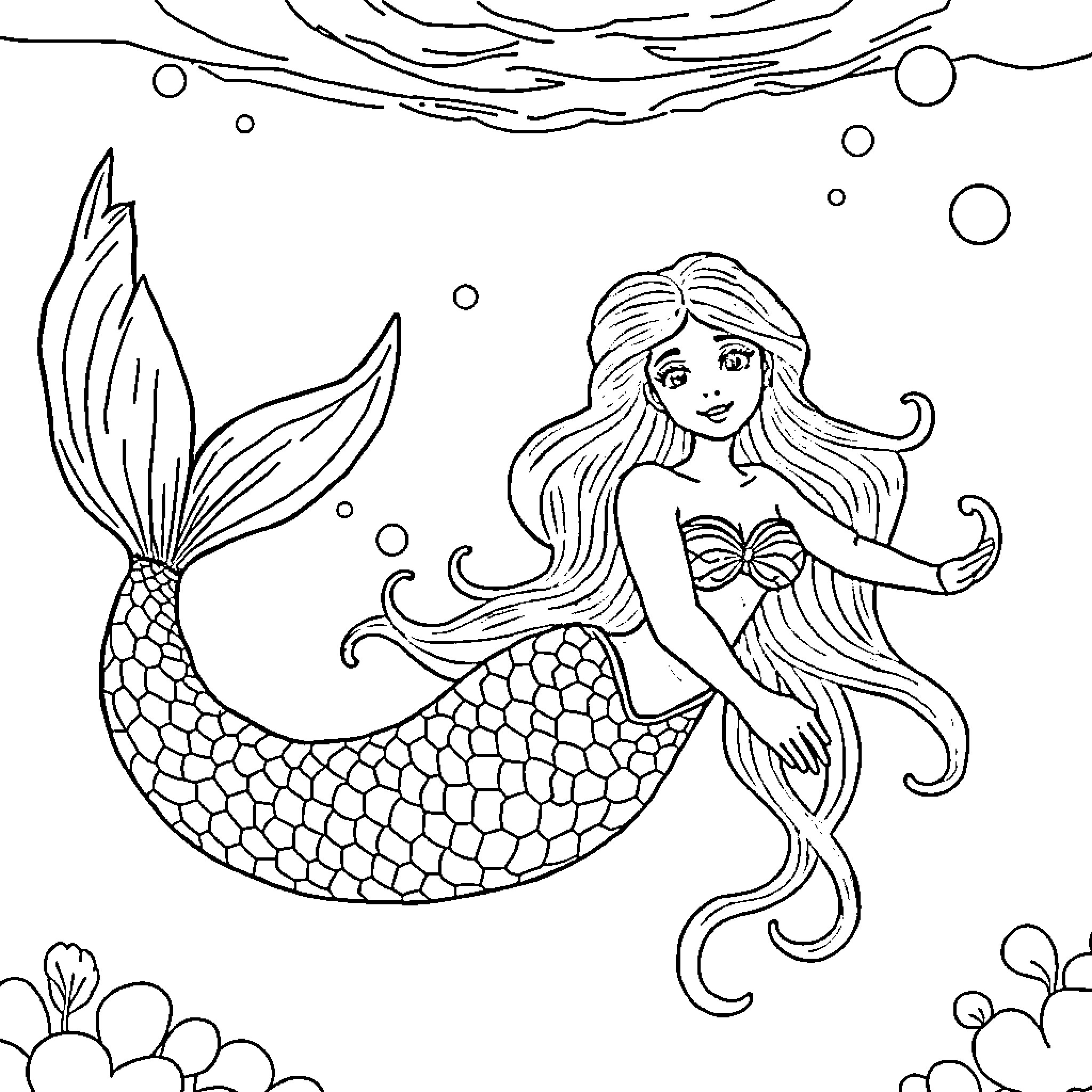 Mermaid swimming gracefully underwater Coloring Page (free black-and-white line drawing printable PDF for all, from beginners to advanced learners, including children, teens, adults, and seniors)