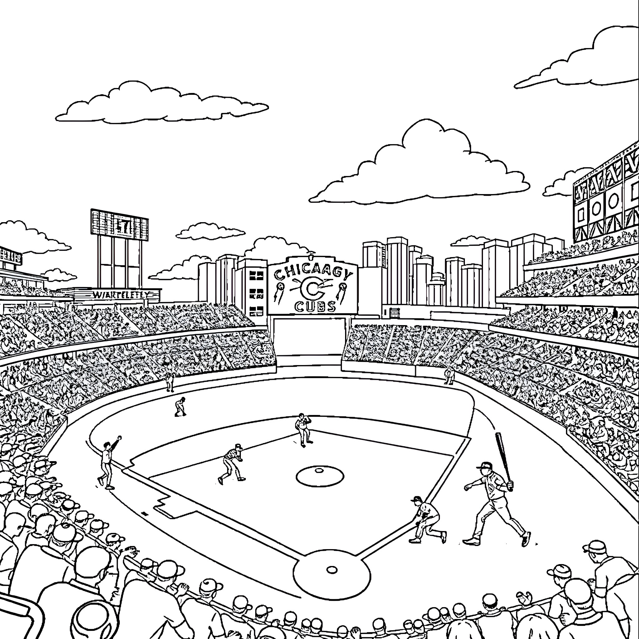 Chicago Cubs Baseball Game in a Packed Stadium Coloring Page (free black-and-white line drawing printable PDF for all, from beginners to advanced learners, including children, teens, adults, and seniors)
