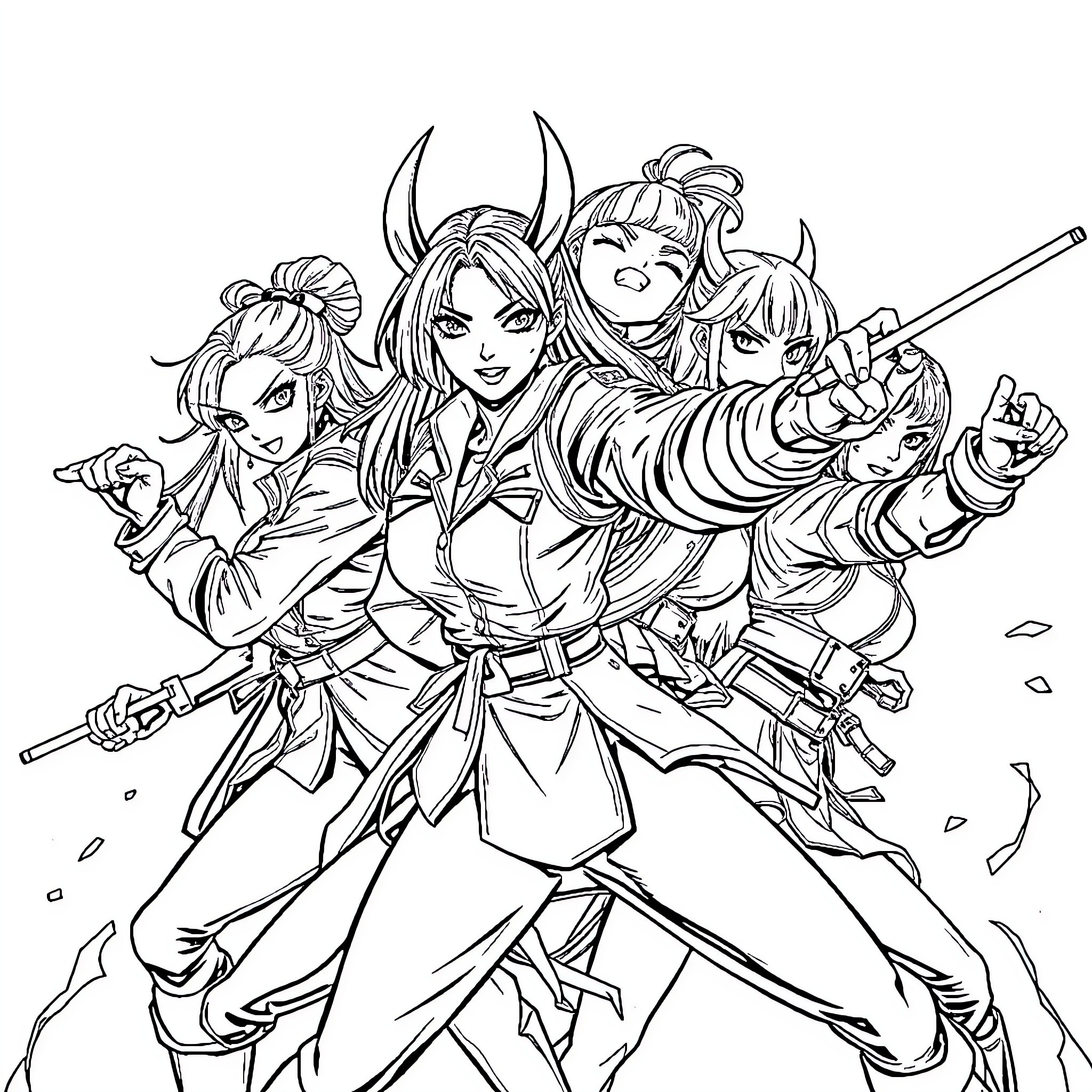 K-POP Demon Hunters in Fierce Battle Pose Coloring Page (free black-and-white line drawing printable PDF for all, from beginners to advanced learners, including children, teens, adults, and seniors)