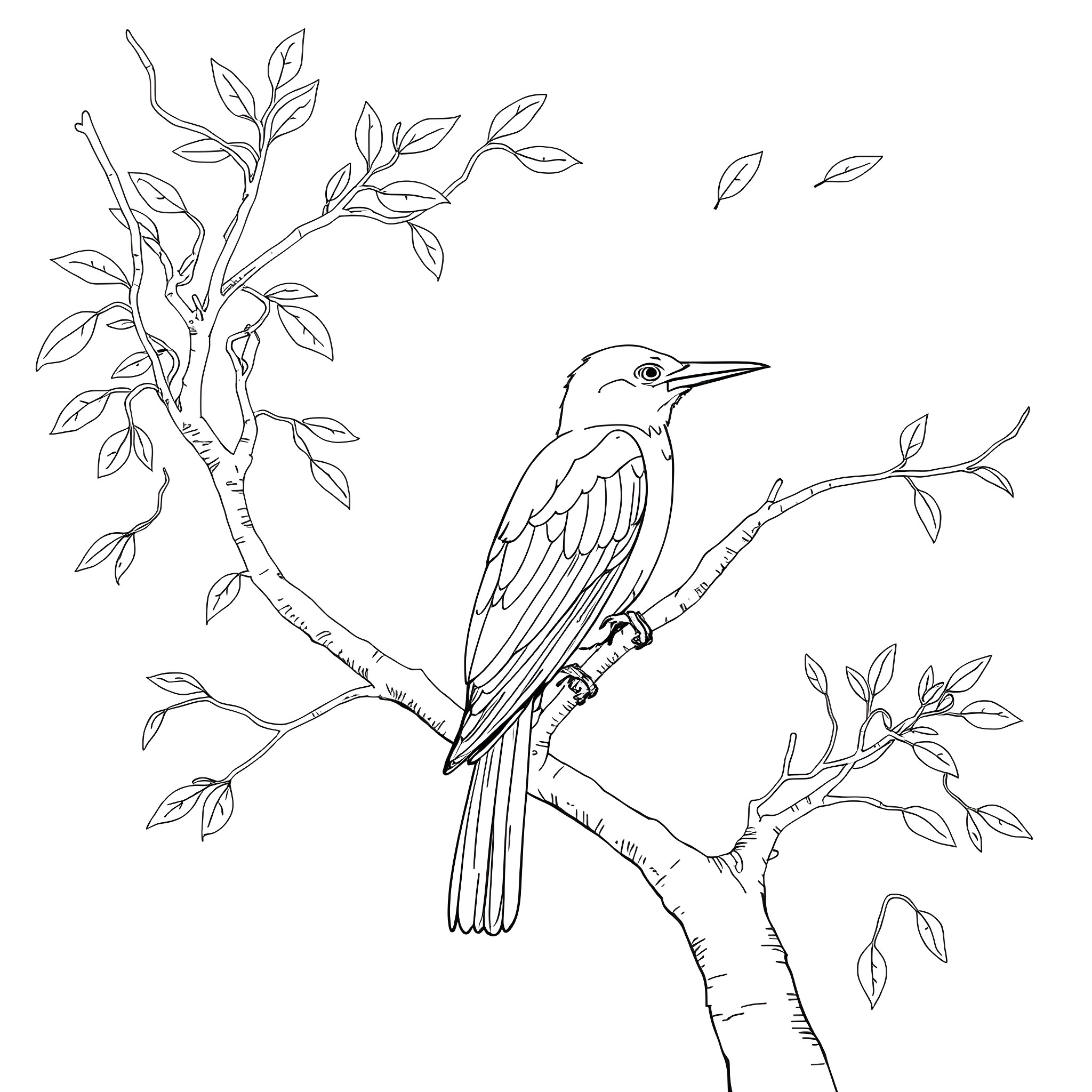 Cyanocorax Yncas perching on a tree with leaves Coloring Page (free black-and-white line drawing printable PDF for all, from beginners to advanced learners, including children, teens, adults, and seniors)