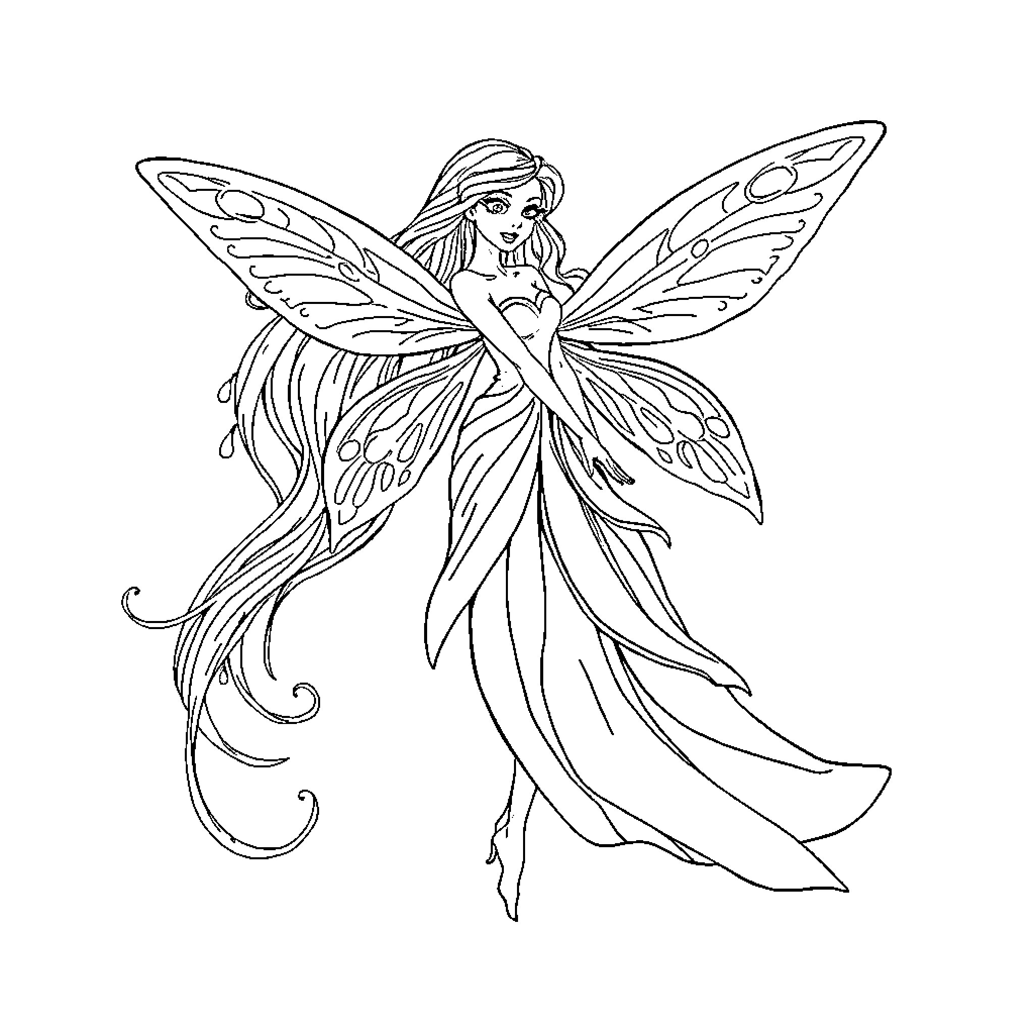 Water Fairy Dancing with Flowing Dress and Wings Coloring Page (free black-and-white line drawing printable PDF for all, from beginners to advanced learners, including children, teens, adults, and seniors)