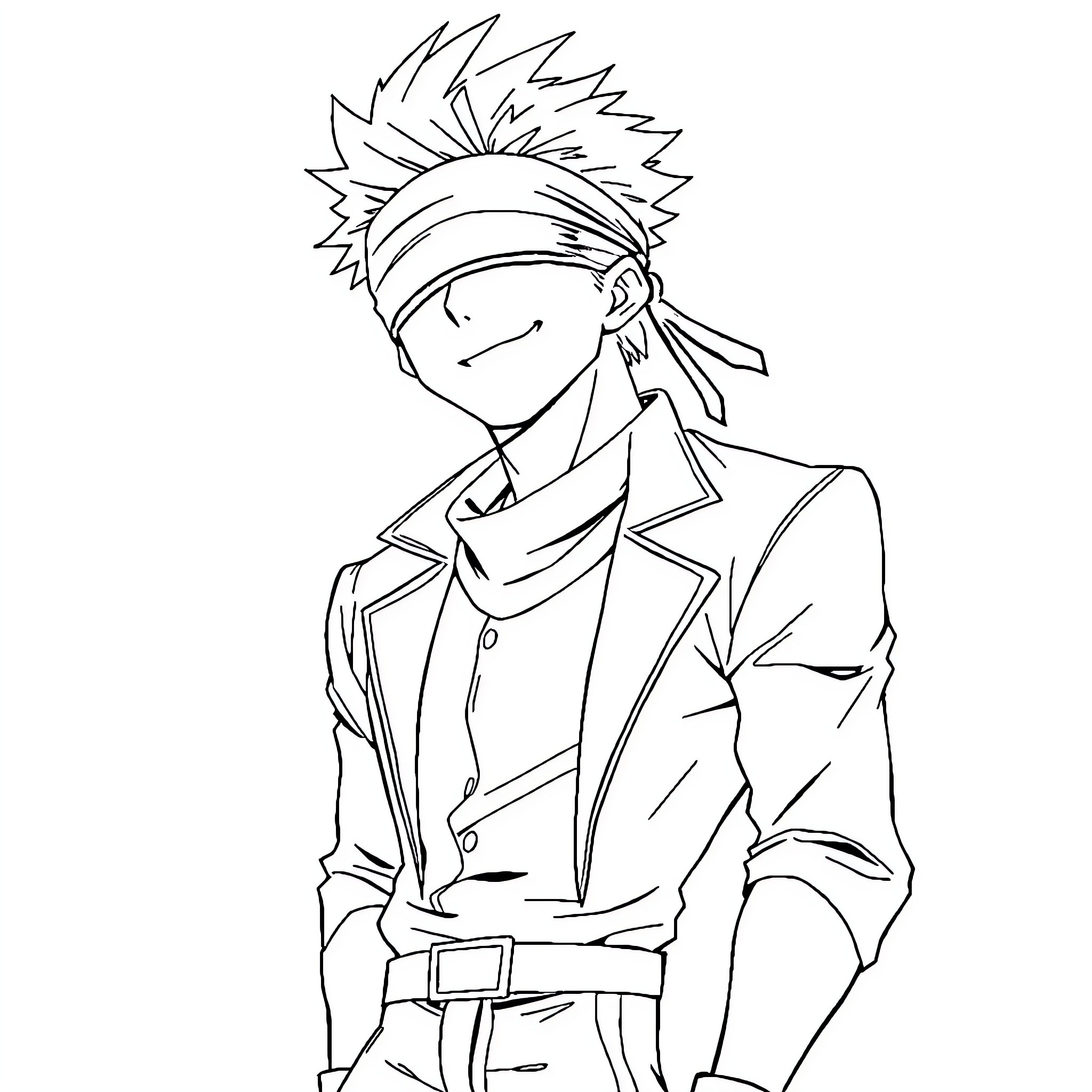 Satoru Gojo in a serious expression Coloring Page (free black-and-white line drawing printable PDF for all, from beginners to advanced learners, including children, teens, adults, and seniors)