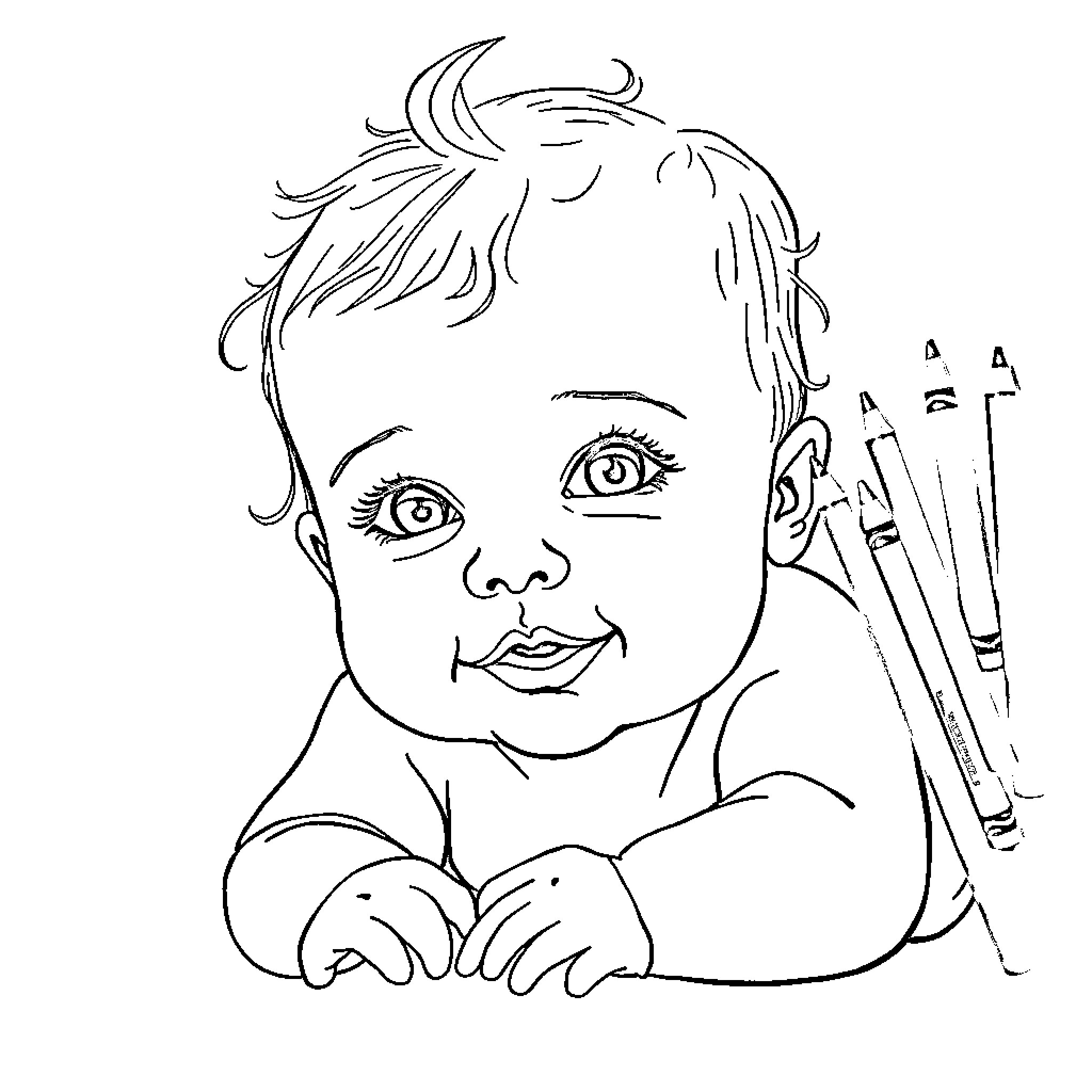 Baby playing happily with crayons Coloring Page (free black-and-white line drawing printable PDF for all, from beginners to advanced learners, including children, teens, adults, and seniors)