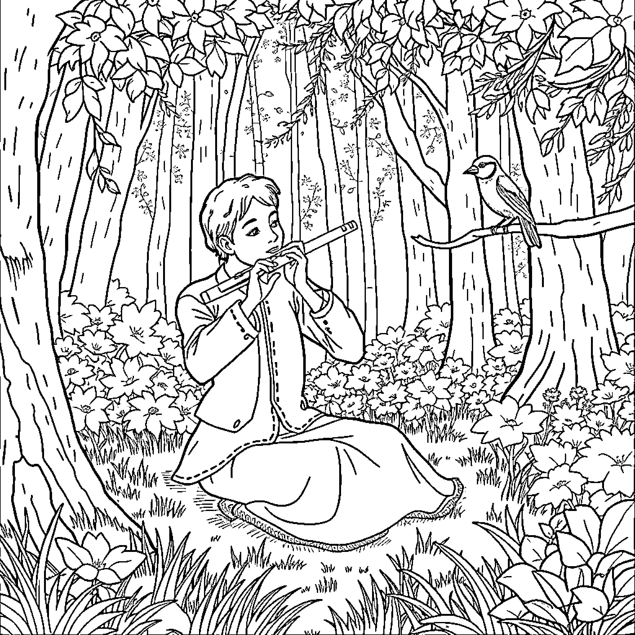 Flutist playing music in the serene forest Coloring Page (free black-and-white line drawing printable PDF for all, from beginners to advanced learners, including children, teens, adults, and seniors)
