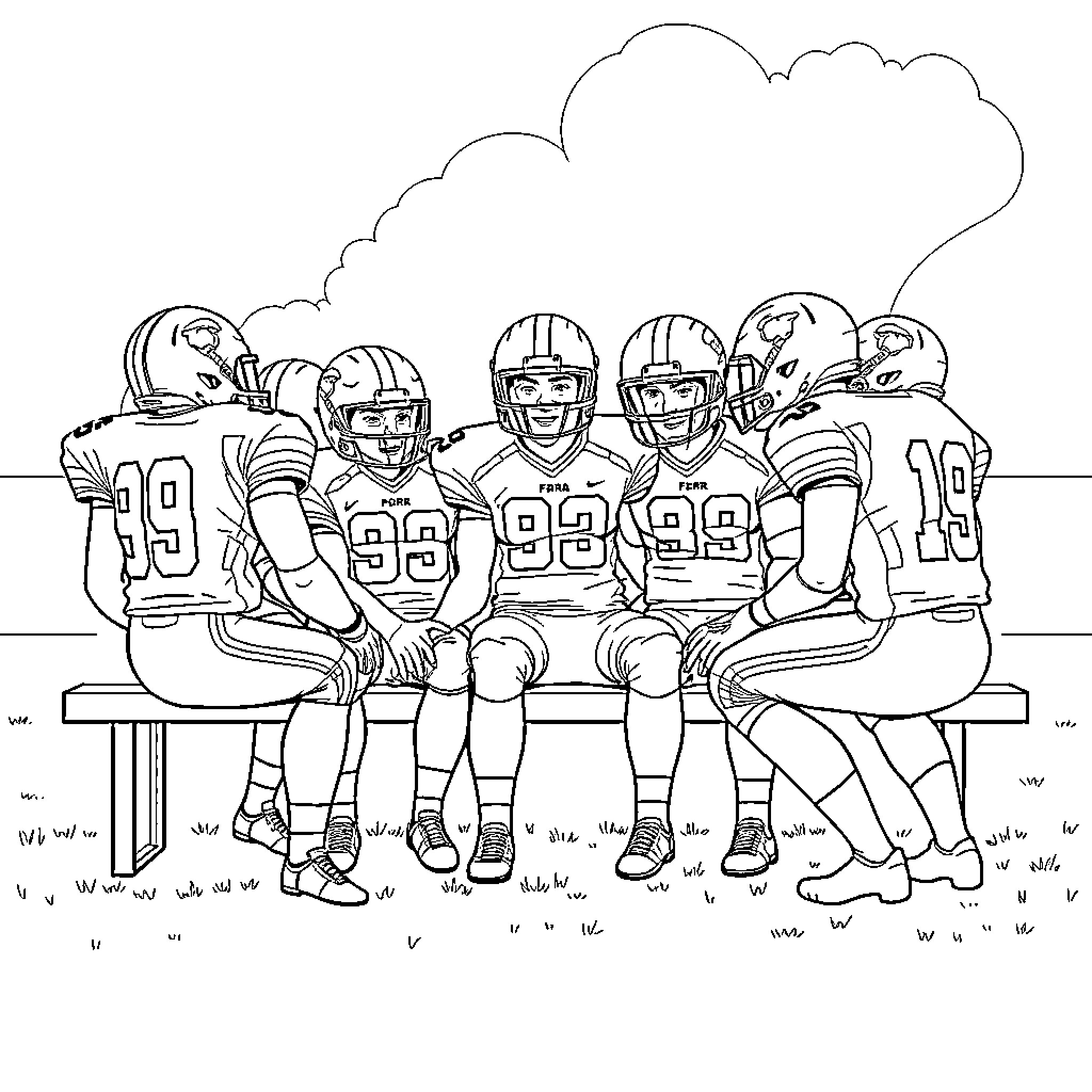 Football players sitting on bench in game day Coloring Page (free black-and-white line drawing printable PDF for all, from beginners to advanced learners, including children, teens, adults, and seniors)