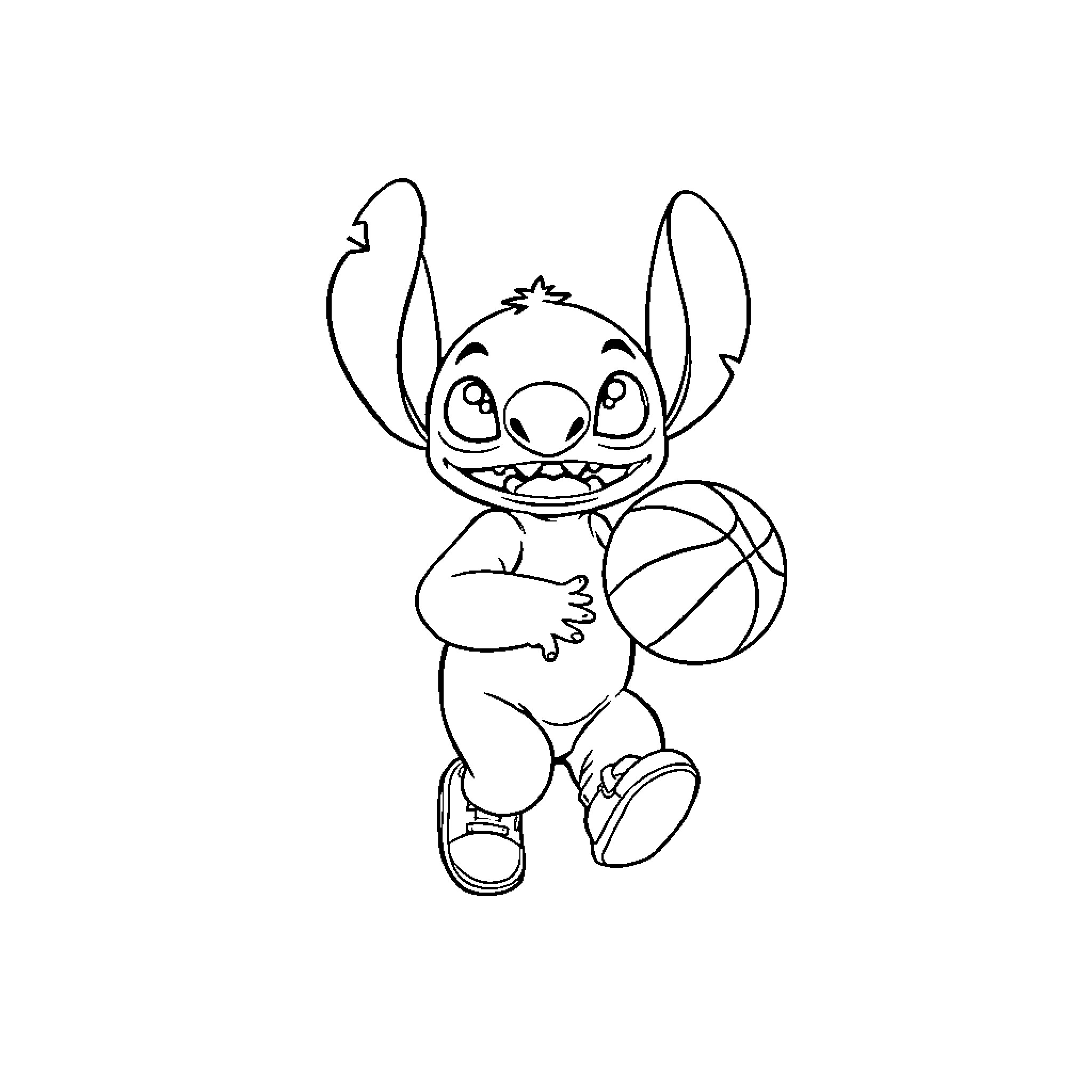 Stitch playing joyfully with ball Coloring Page (free black-and-white line drawing printable PDF for all, from beginners to advanced learners, including children, teens, adults, and seniors)