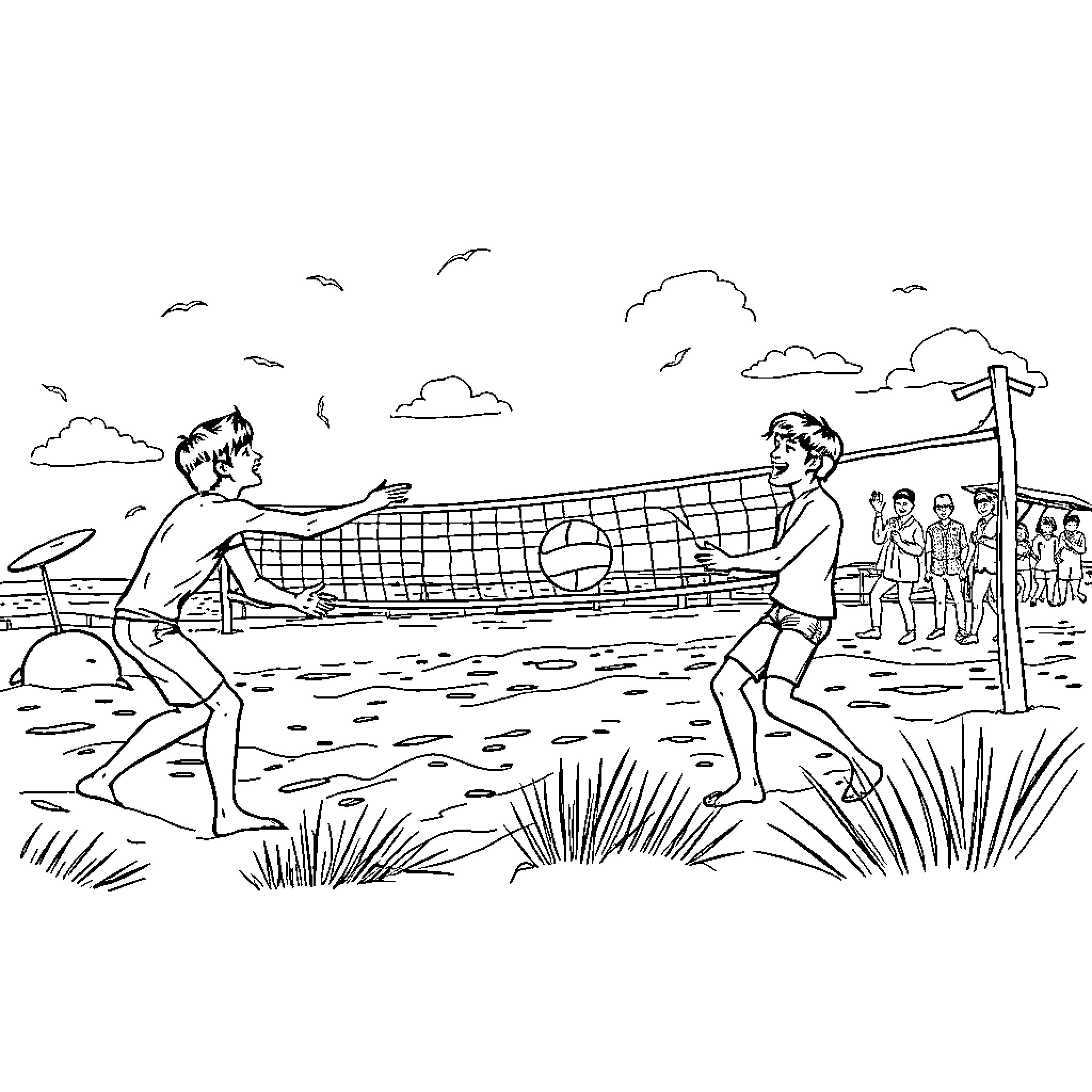 Monkees playing volleyball at the beach Coloring Page (free black-and-white line drawing printable PDF for all, from beginners to advanced learners, including children, teens, adults, and seniors)