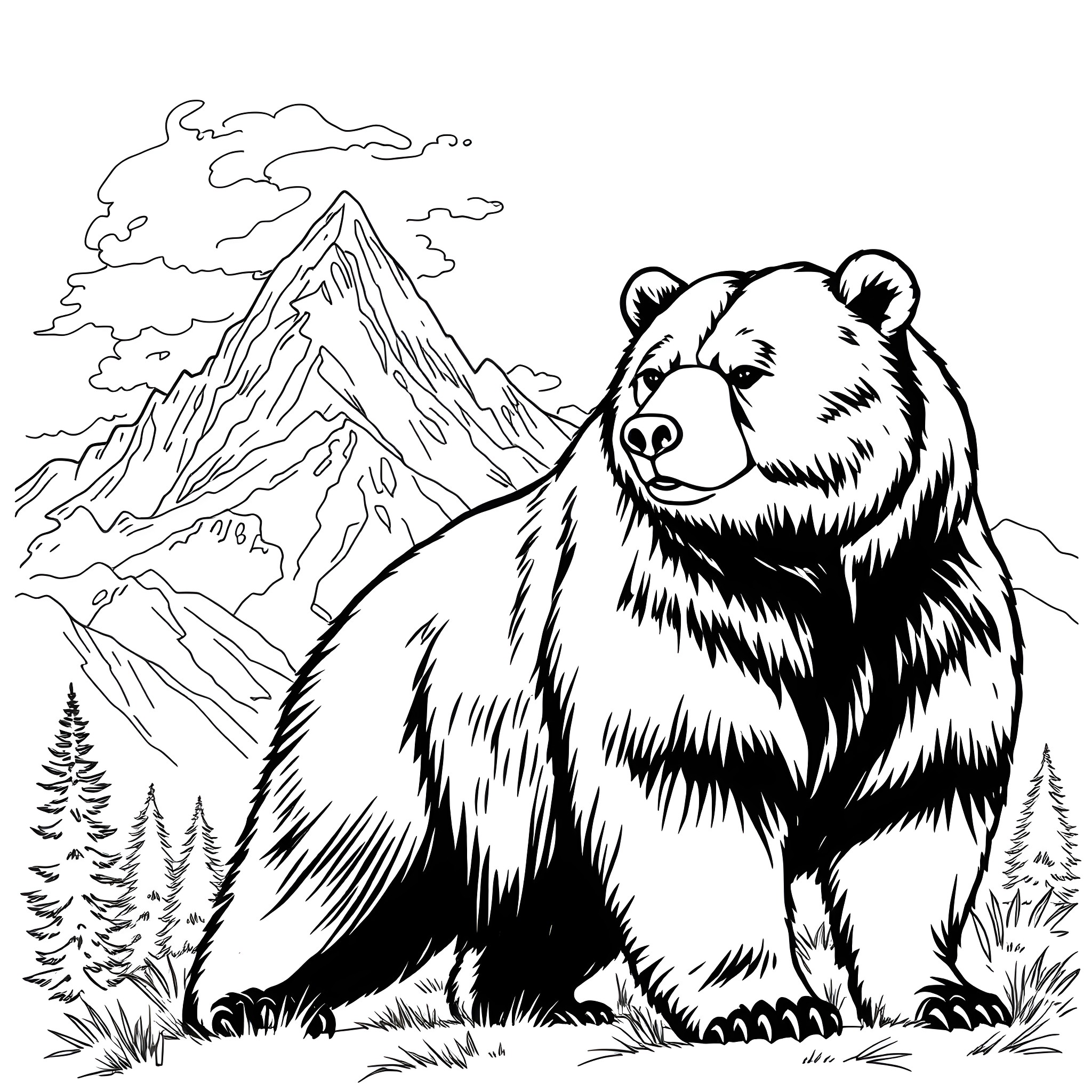 Bear in the Wilderness Coloring Page (free black-and-white line drawing printable PDF for all, from beginners to advanced learners, including children, teens, adults, and seniors)