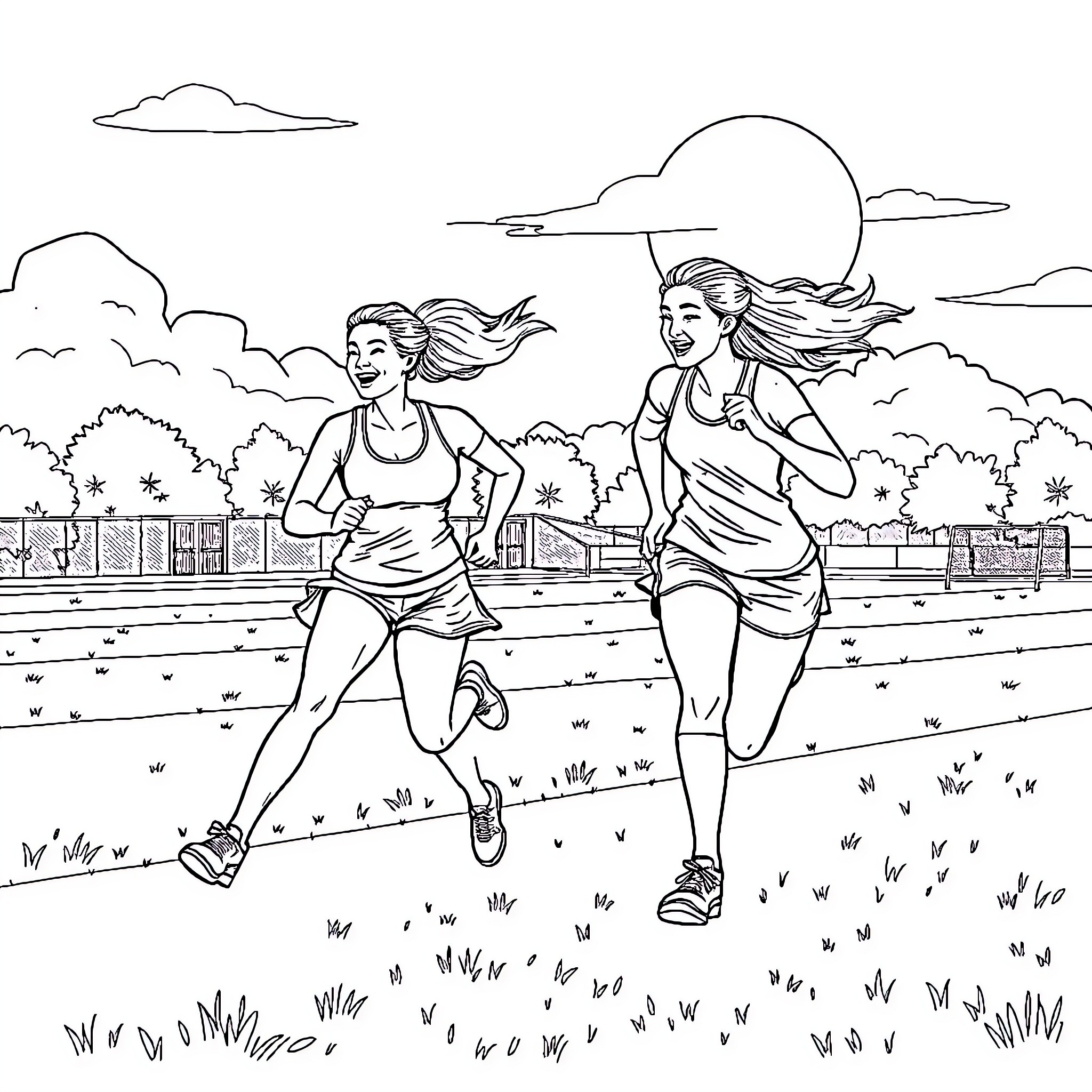 Female Sports: Runners Enjoying Outdoor Exercise Coloring Page (free black-and-white line drawing printable PDF for all, from beginners to advanced learners, including children, teens, adults, and seniors)