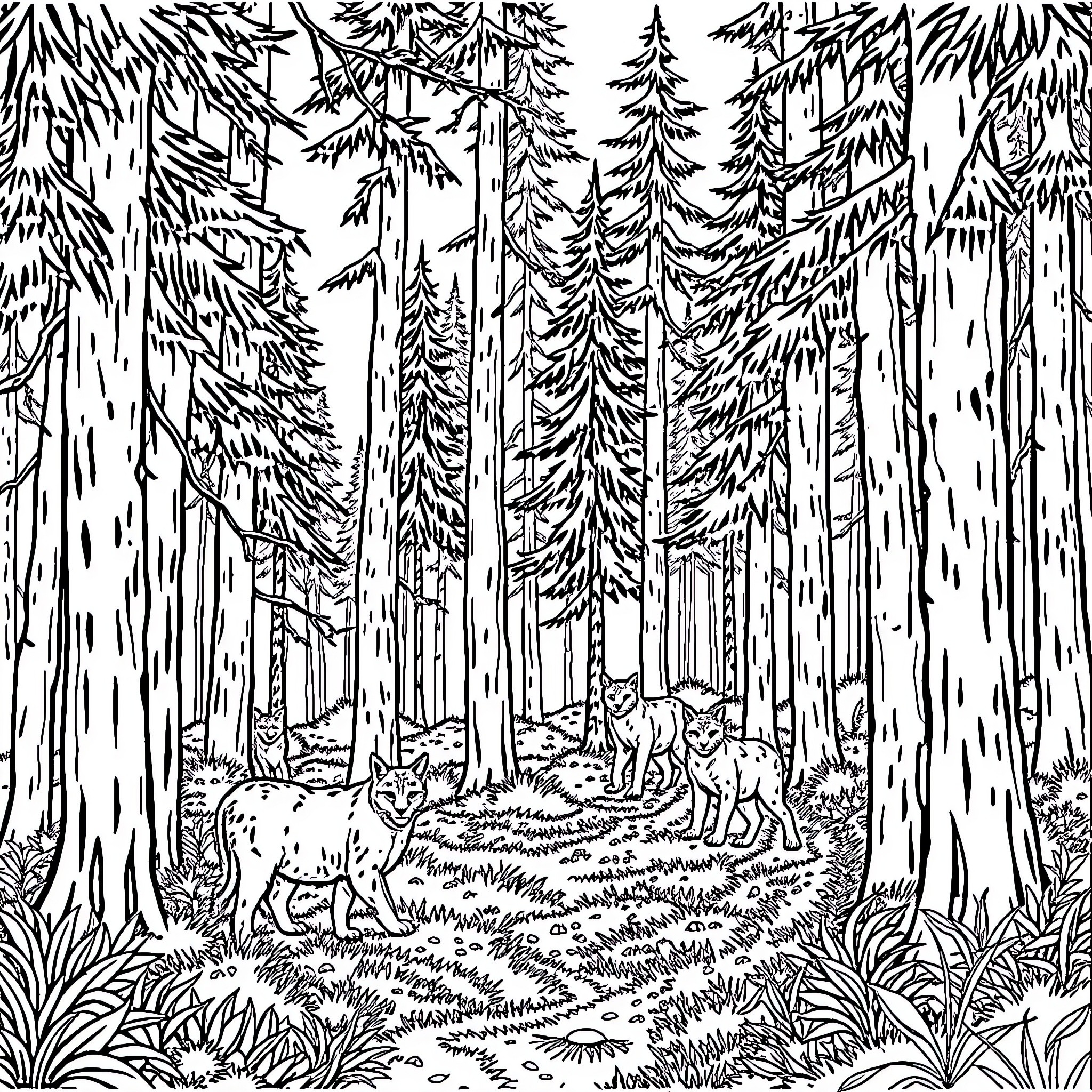 Lynx Prowling Through the Dense Forest Coloring Page (free black-and-white line drawing printable PDF for all, from beginners to advanced learners, including children, teens, adults, and seniors)