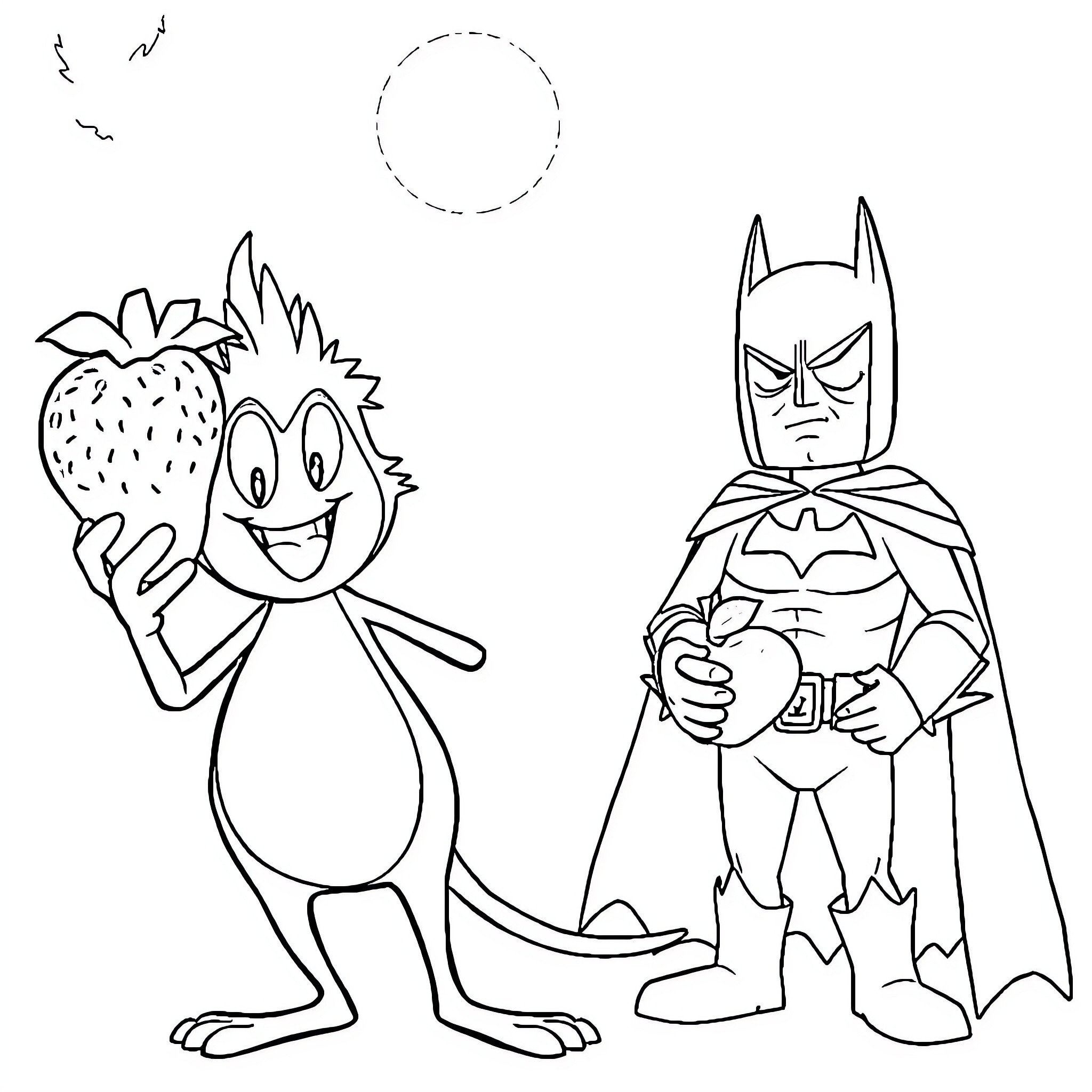 Bat-themed superhero and a cheerful bat character Coloring Page (free black-and-white line drawing printable PDF for all, from beginners to advanced learners, including children, teens, adults, and seniors)
