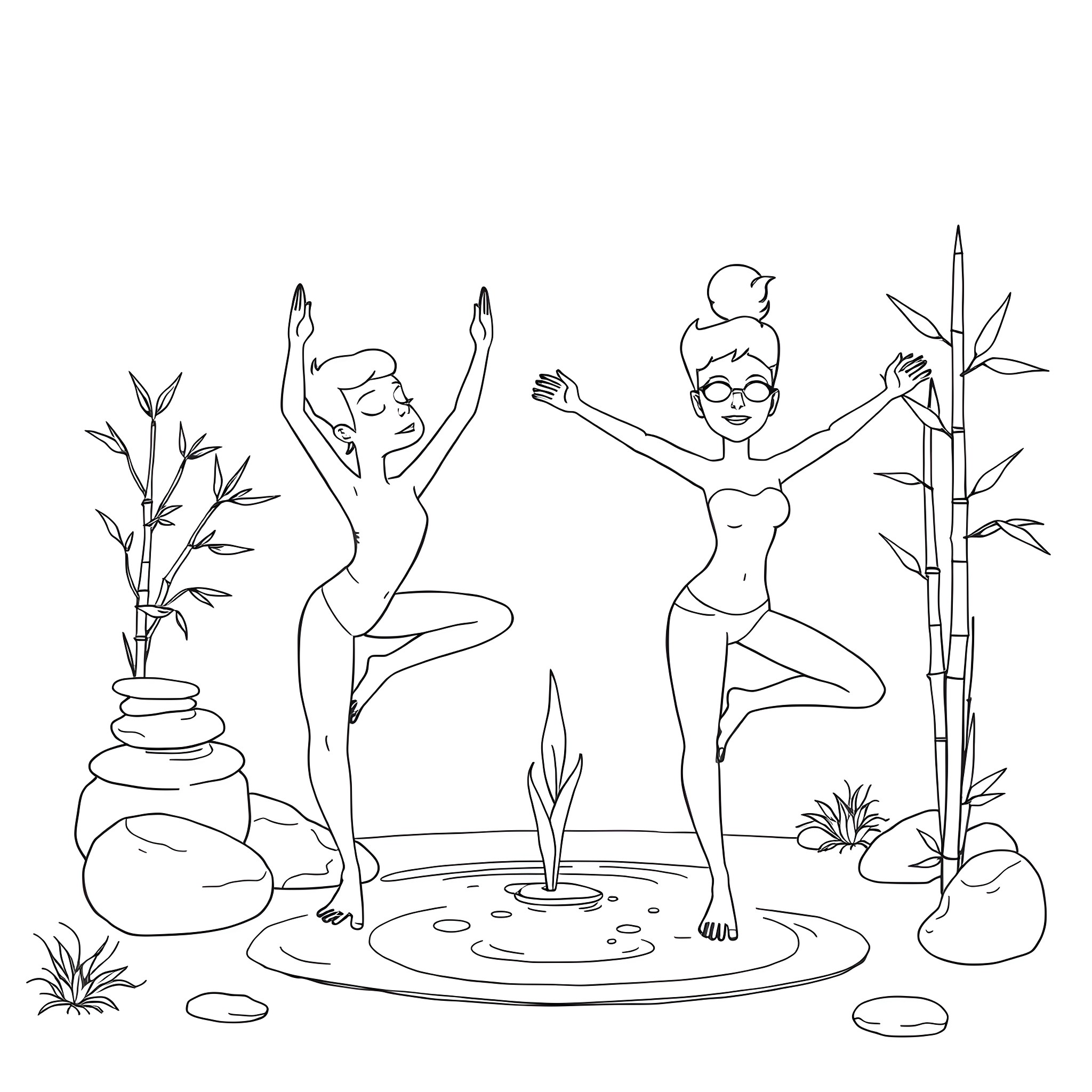Leela's Peaceful Meditation and Yoga Poses Coloring Page (free black-and-white line drawing printable PDF for all, from beginners to advanced learners, including children, teens, adults, and seniors)