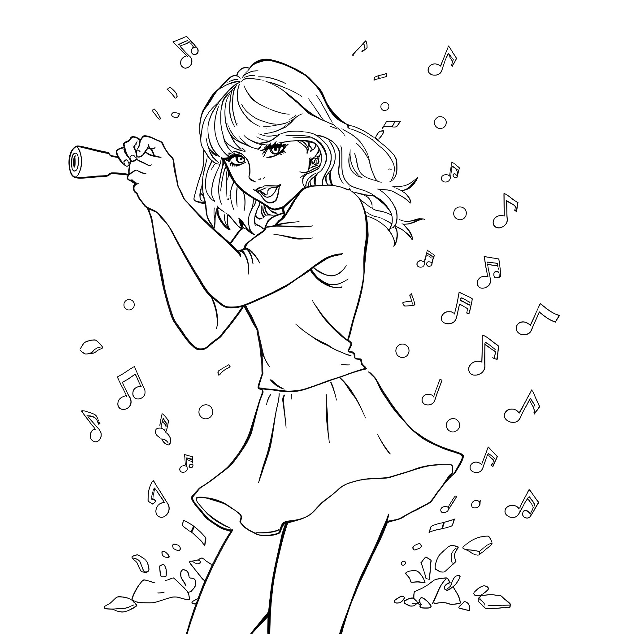 Taylor Swift singing and dancing with music notes Coloring Page (free black-and-white line drawing printable PDF for all, from beginners to advanced learners, including children, teens, adults, and seniors)
