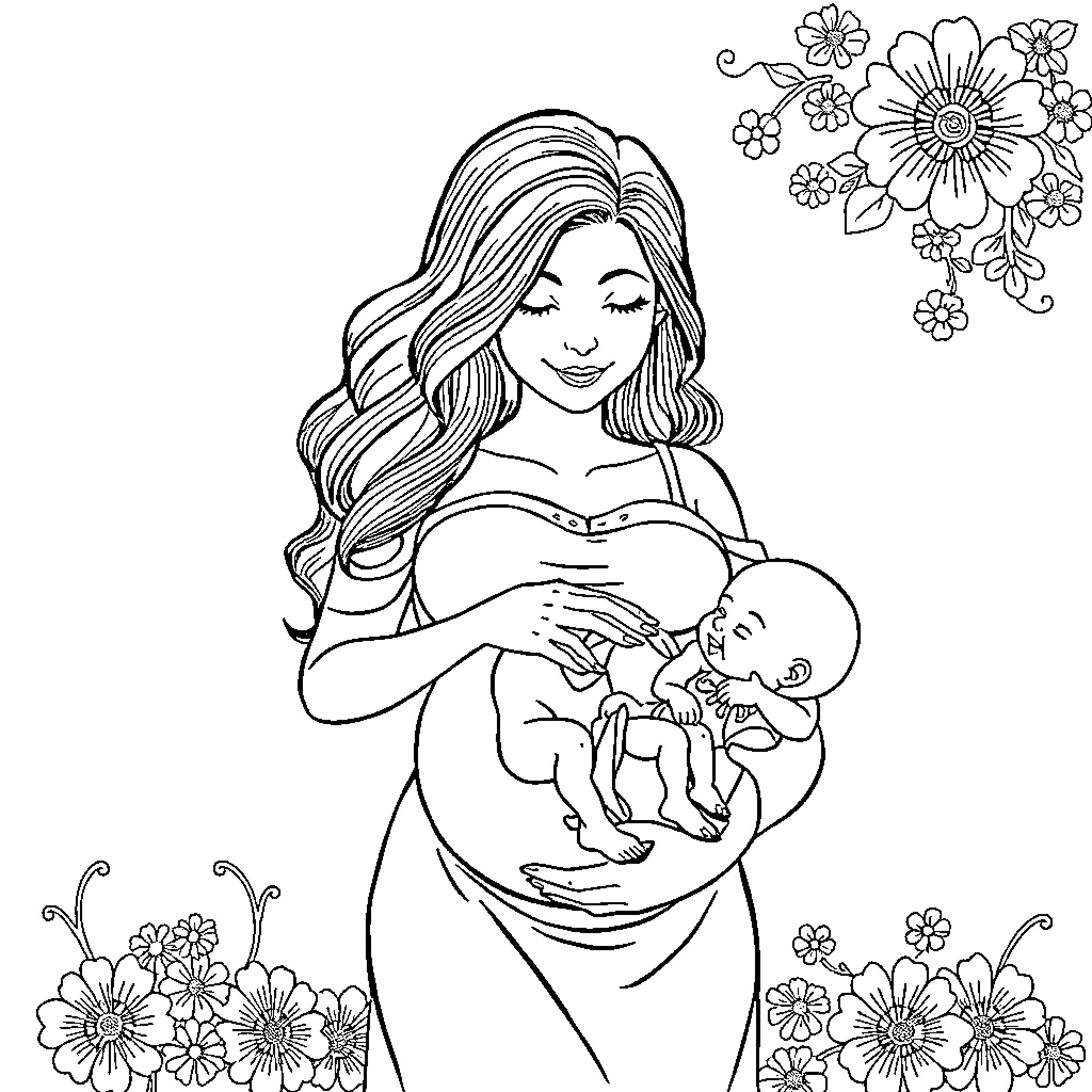 Pregnant woman embracing her newborn baby Coloring Page (free black-and-white line drawing printable PDF for all, from beginners to advanced learners, including children, teens, adults, and seniors)