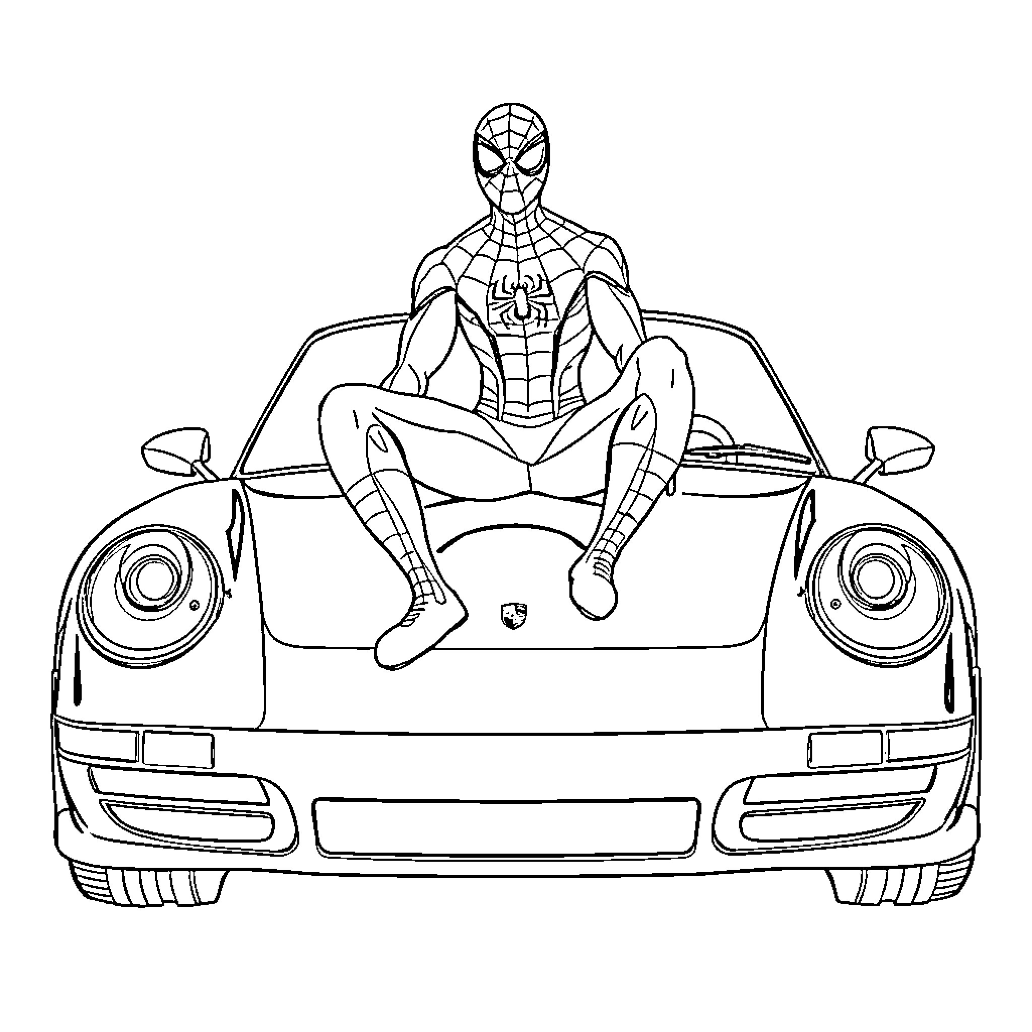 Spiderman swinging on a luxury sports car Coloring Page (free black-and-white line drawing printable PDF for all, from beginners to advanced learners, including children, teens, adults, and seniors)