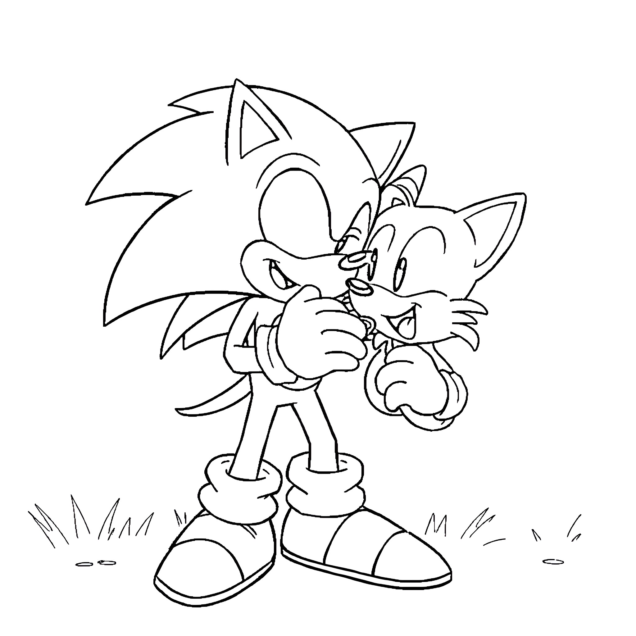 Sonic characters in playful interaction Coloring Page (free black-and-white line drawing printable PDF for all, from beginners to advanced learners, including children, teens, adults, and seniors)