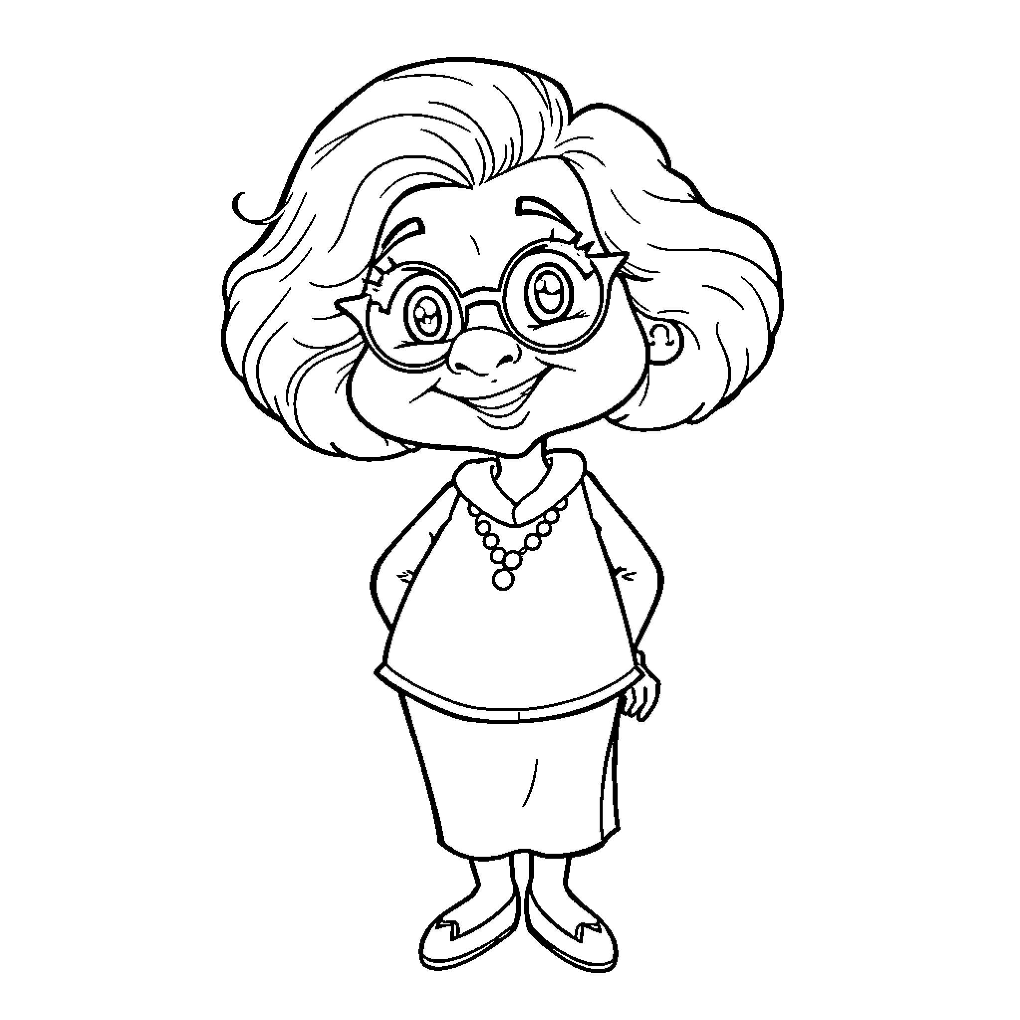 Aunt's Joyful Expression with Glasses Coloring Page (free black-and-white line drawing printable PDF for all, from beginners to advanced learners, including children, teens, adults, and seniors)