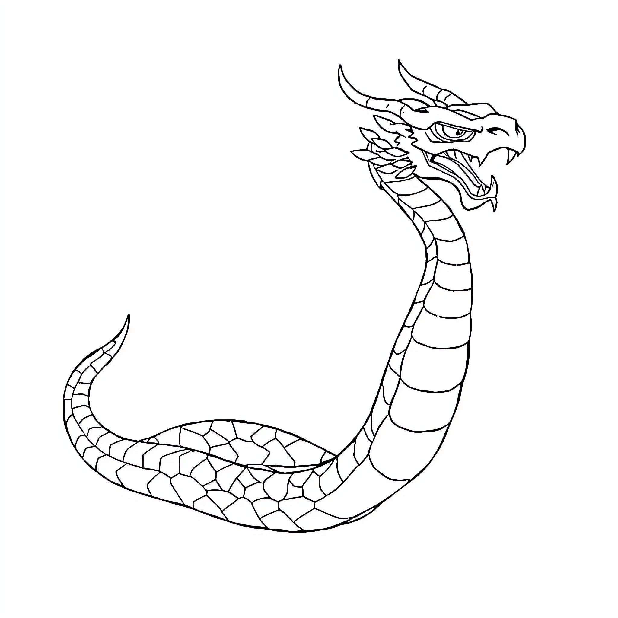 Naga dragon ferociously coiled and ready to strike Coloring Page (free black-and-white line drawing printable PDF for all, from beginners to advanced learners, including children, teens, adults, and seniors)