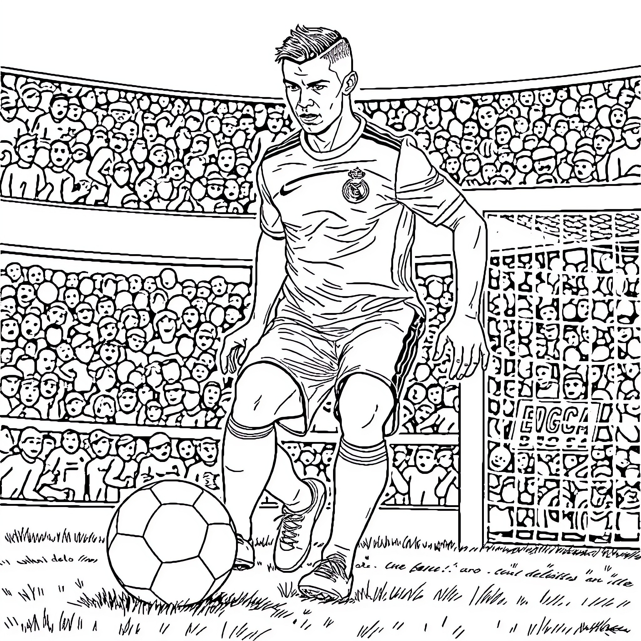 Cristiano Ronaldo on the Football Pitch with Crowd Coloring Page (free black-and-white line drawing printable PDF for all, from beginners to advanced learners, including children, teens, adults, and seniors)
