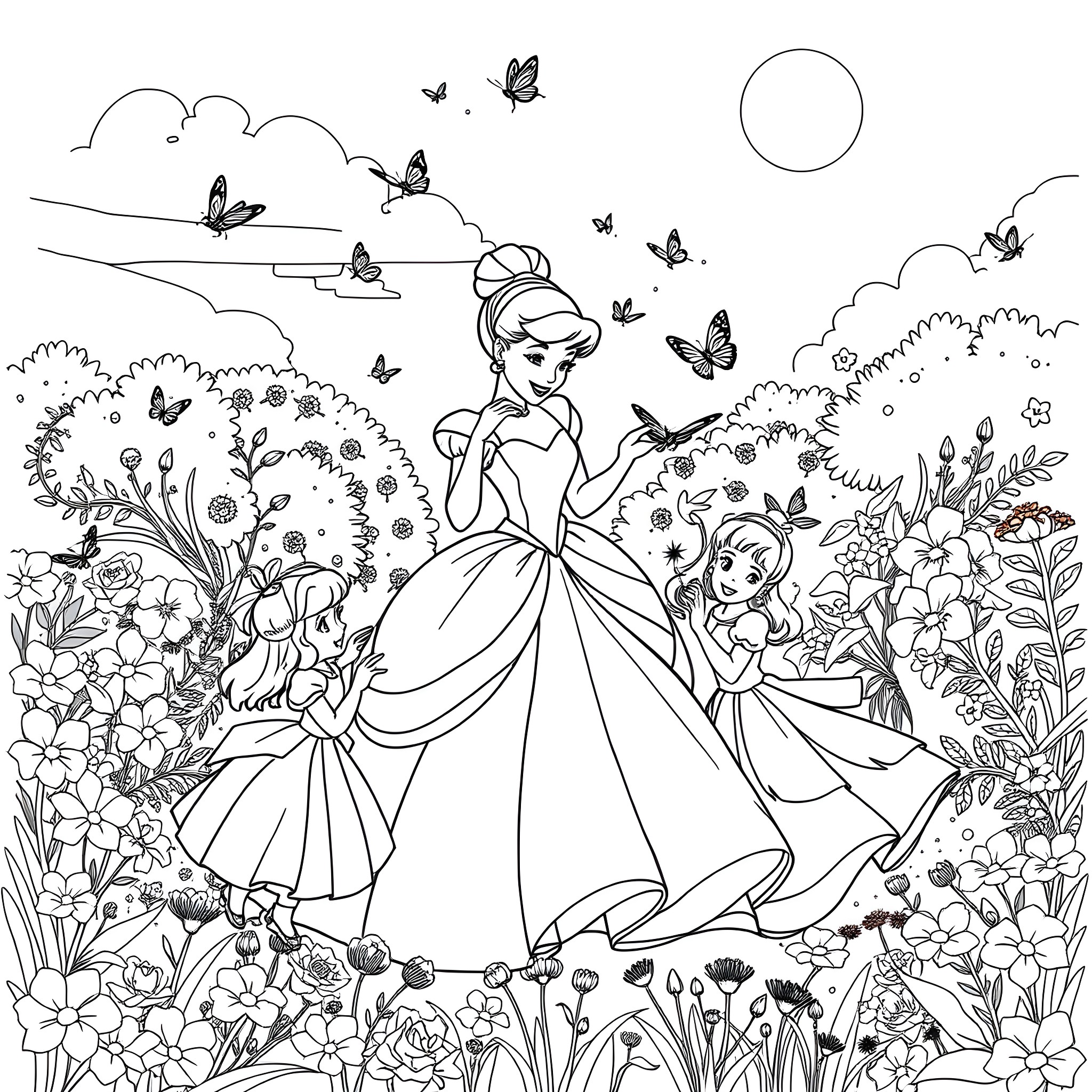 Cinderella dancing with woodland creatures in a magical garden Coloring Page (free black-and-white line drawing printable PDF for all, from beginners to advanced learners, including children, teens, adults, and seniors)