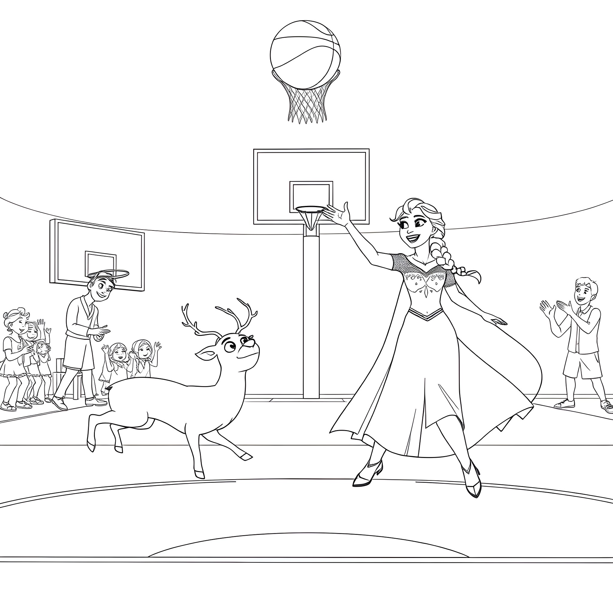 Elsa playing basketball with friends and reindeer Coloring Page (free black-and-white line drawing printable PDF for all, from beginners to advanced learners, including children, teens, adults, and seniors)