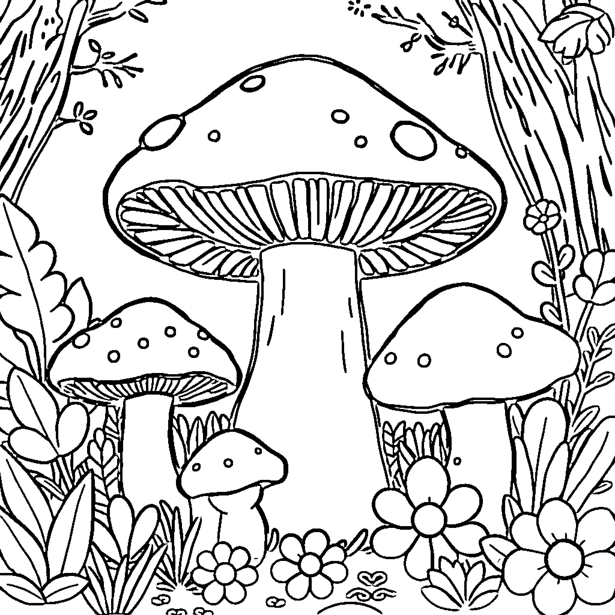 Mushroom Forest with Whimsical Foliage Coloring Page (free black-and-white line drawing printable PDF for all, from beginners to advanced learners, including children, teens, adults, and seniors)