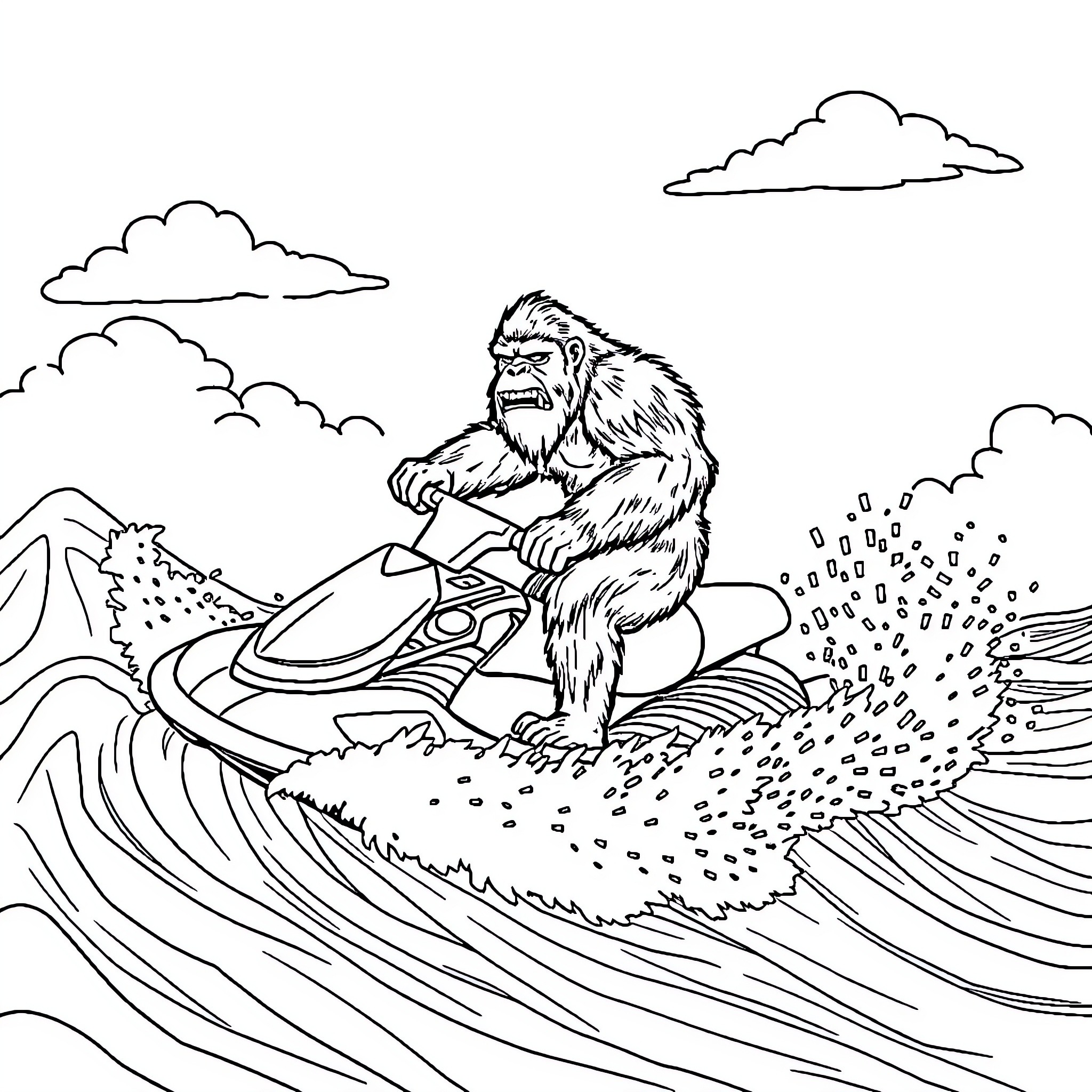 Bigfoot riding a jet ski through the waves Coloring Page (free black-and-white line drawing printable PDF for all, from beginners to advanced learners, including children, teens, adults, and seniors)