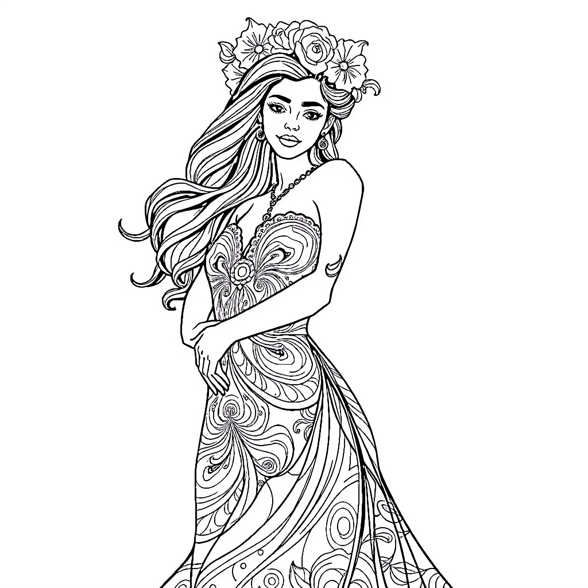 Lady with Flowing Floral Headdress and Patterned Gown Coloring Page (free black-and-white line drawing printable PDF for all, from beginners to advanced learners, including children, teens, adults, and seniors)